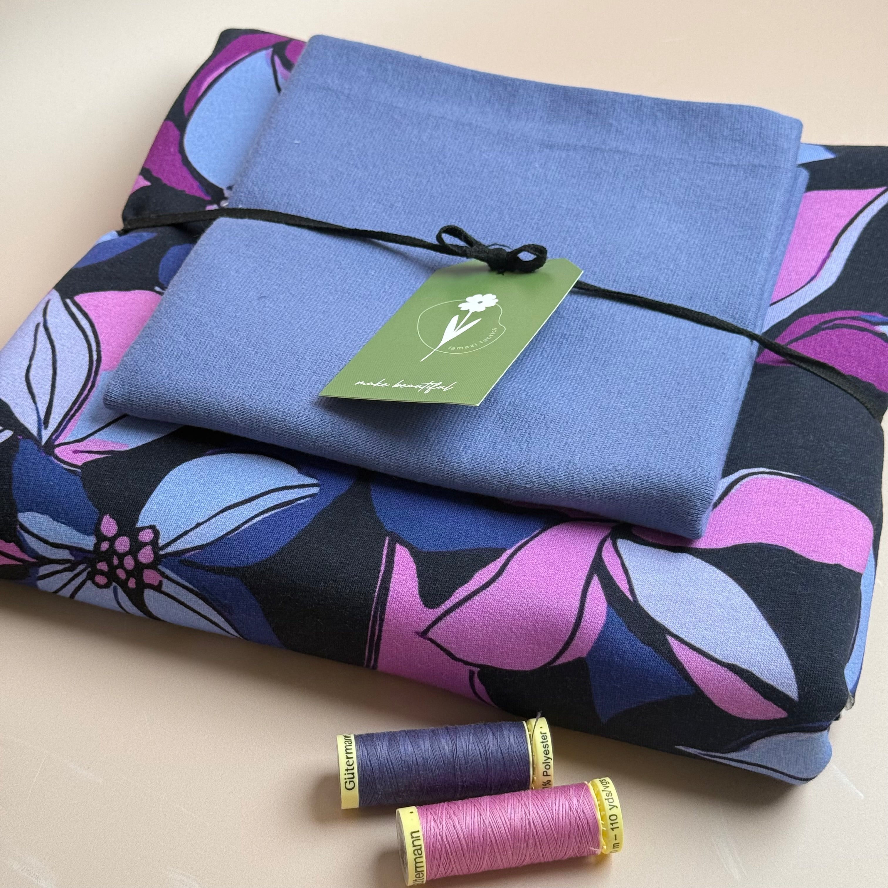 Colour Bundles - Lilies on Dark Navy Cotton Sweatshirting & Matching Ribbing