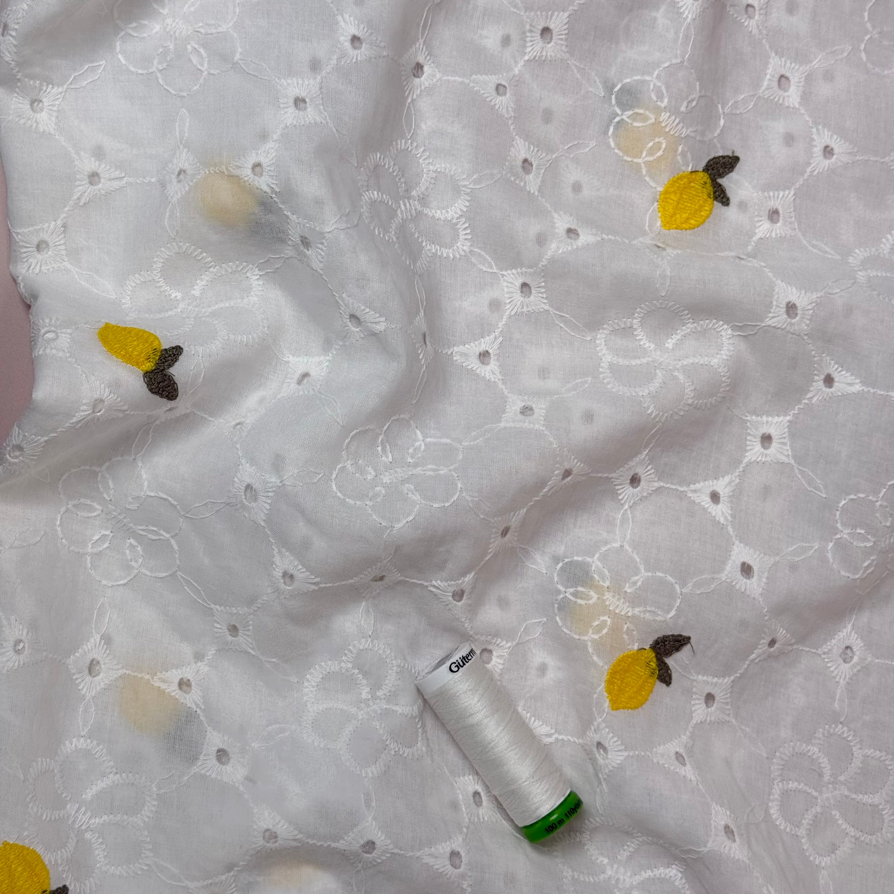 Embroidered Lemons White Cotton Voile Fabric