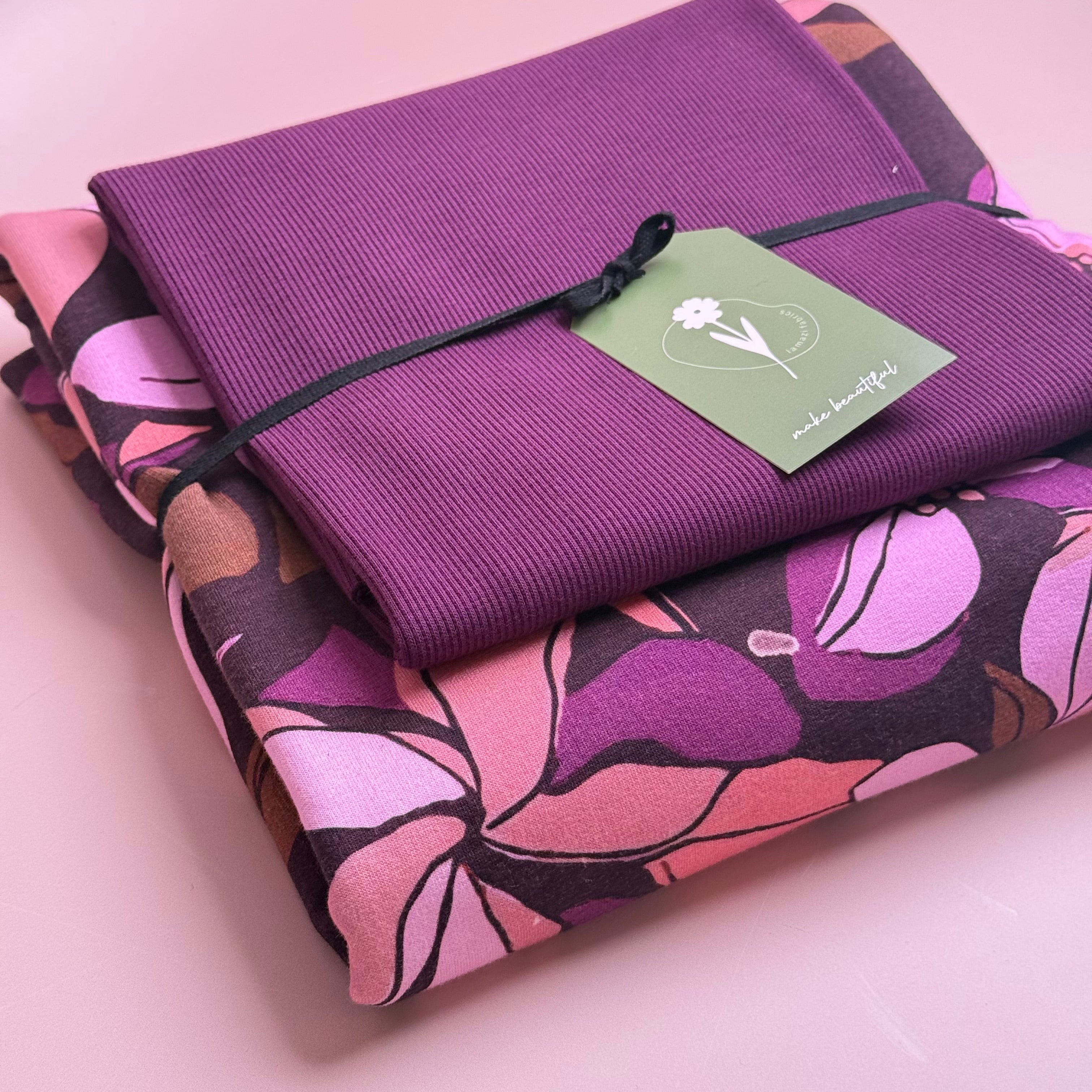 Colour Bundles - Lilies Bordeaux Cotton Sweatshirting & Matching Ribbing