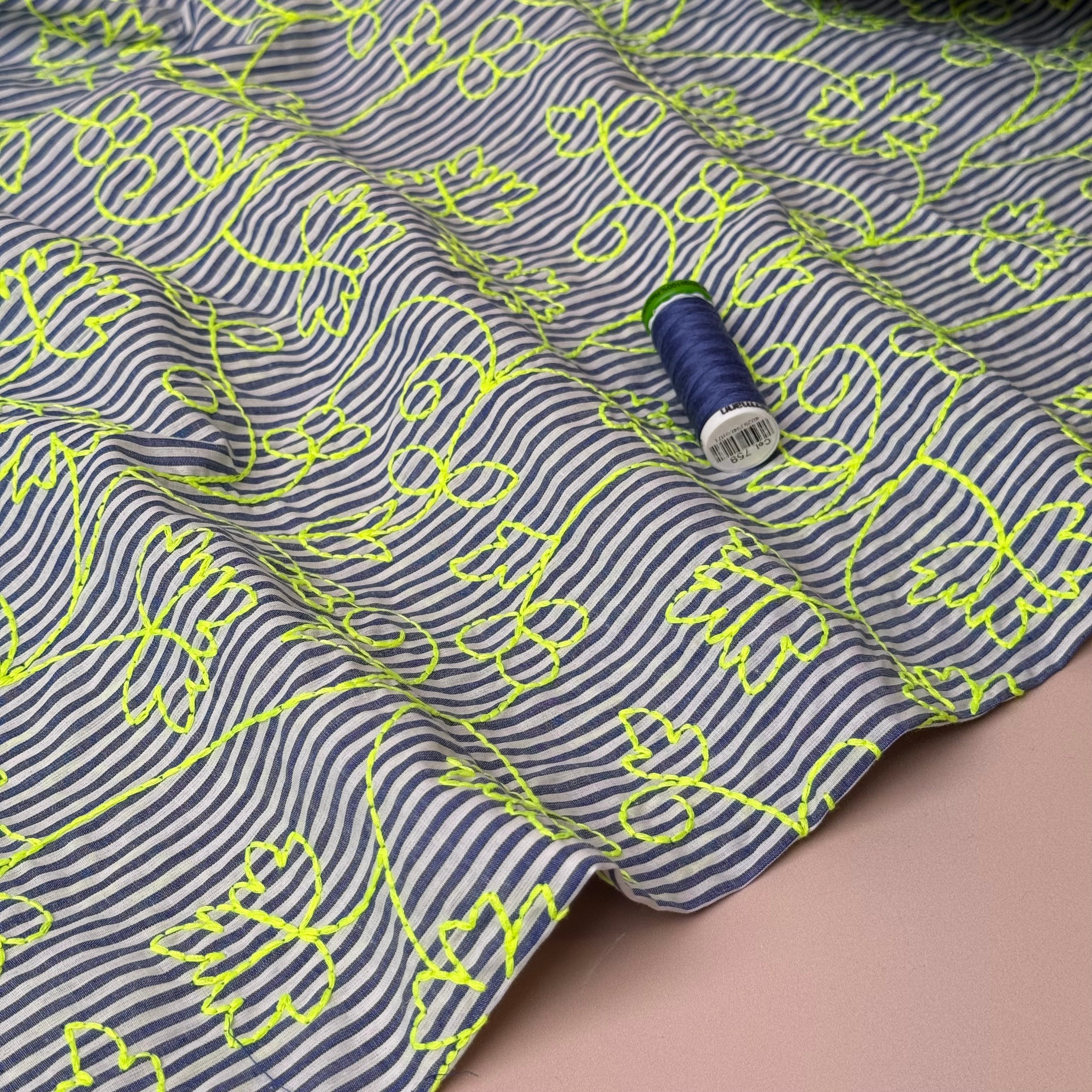 Embroidered Neon Vines on Stripe Cotton Fabric