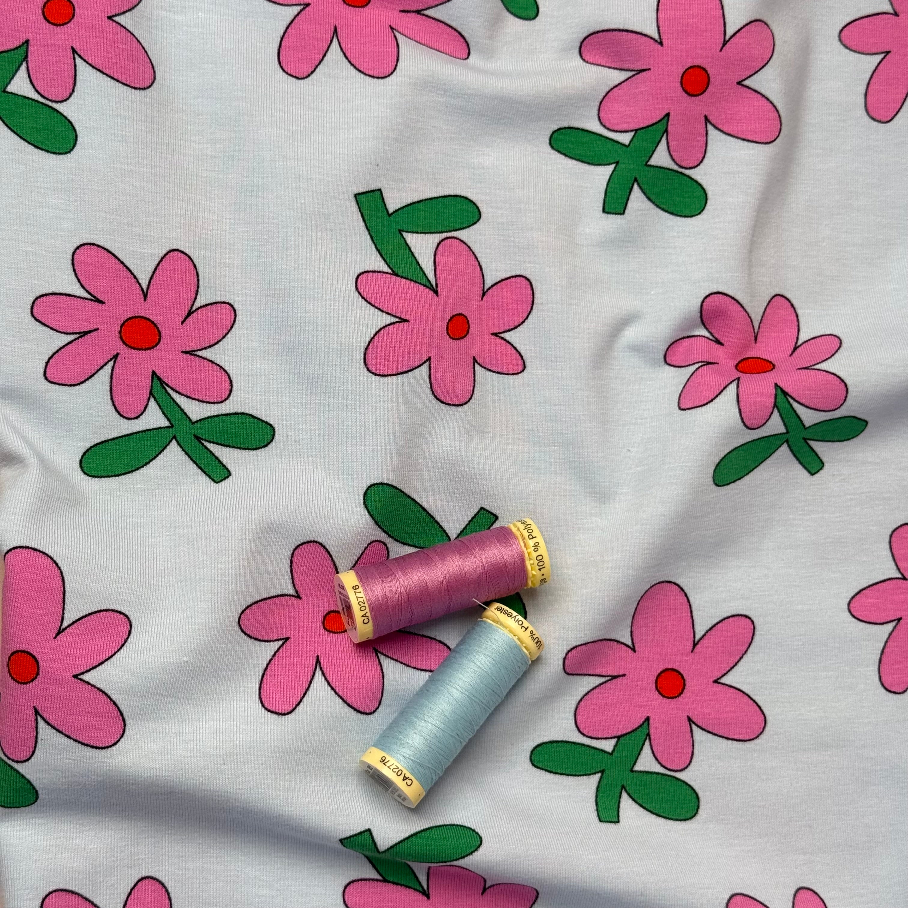 Fun Flowers Blue GOTS Organic Cotton Jersey