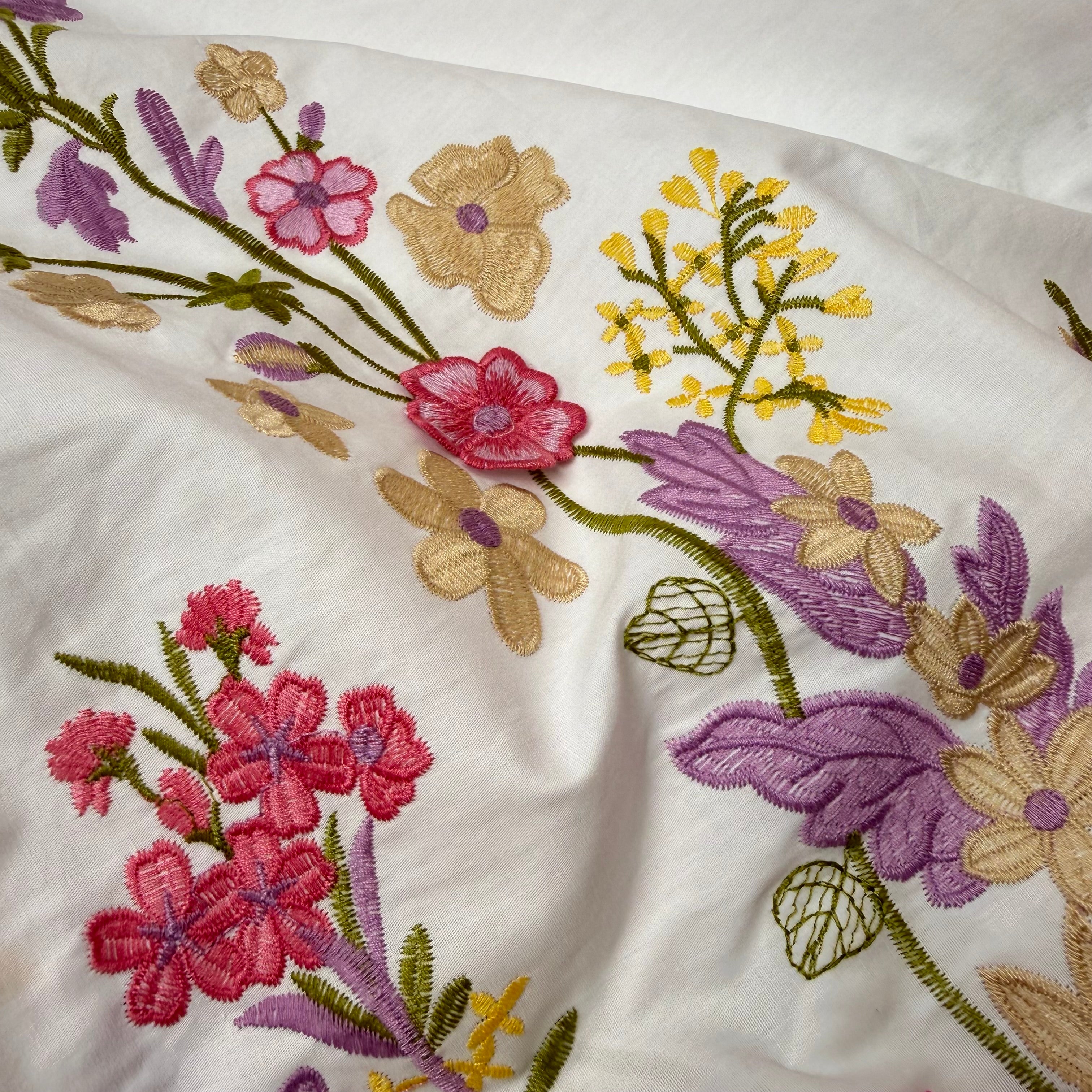 Pink Floral Border Embroidered Cotton Fabric
