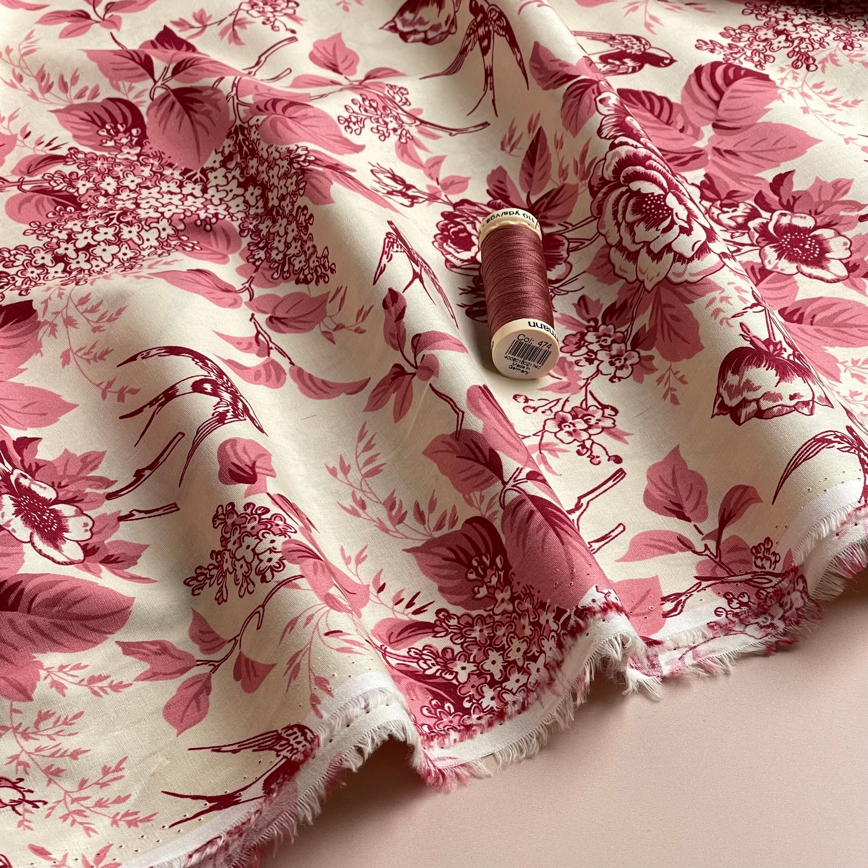 Toile De Jouy Birds in Pink Cotton Poplin