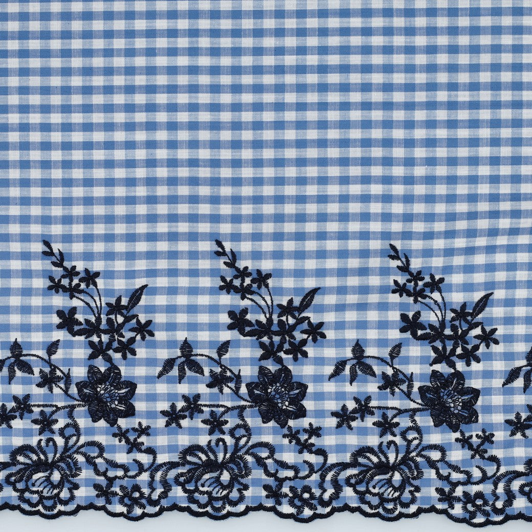 Scalloped Embroidered Blue Gingham Cotton Fabric