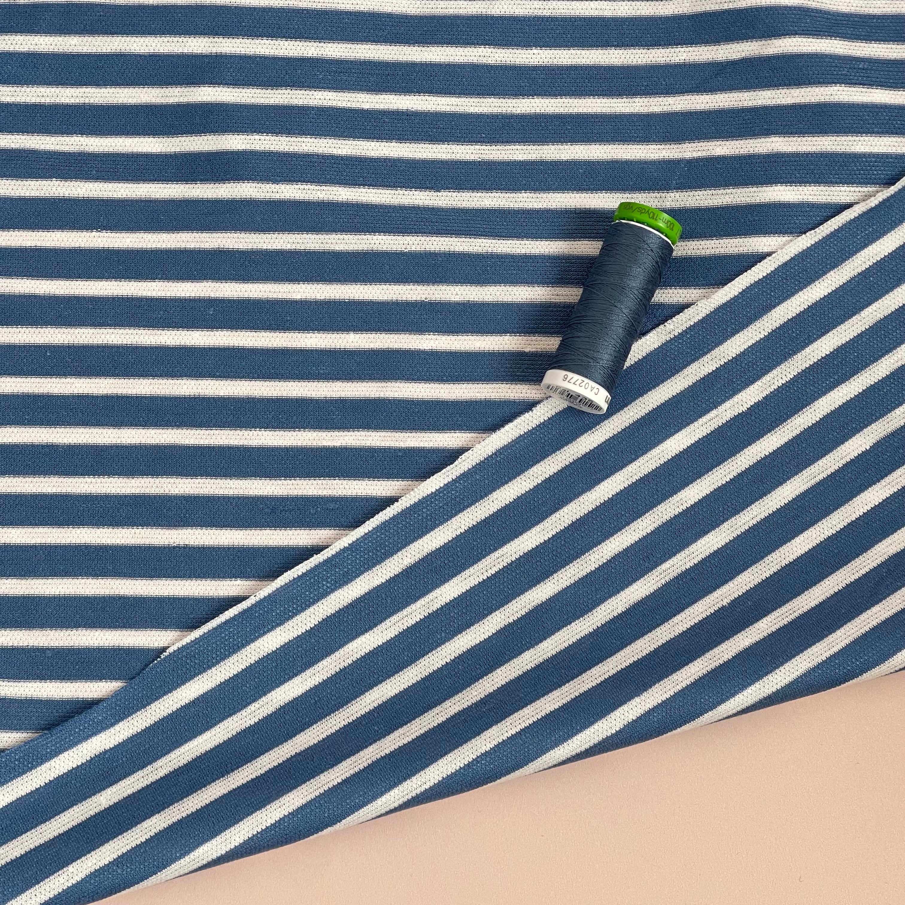 Ex-Designer Deadstock - Italian Linen Cotton blend jersey in Denim Blue & White Stripes