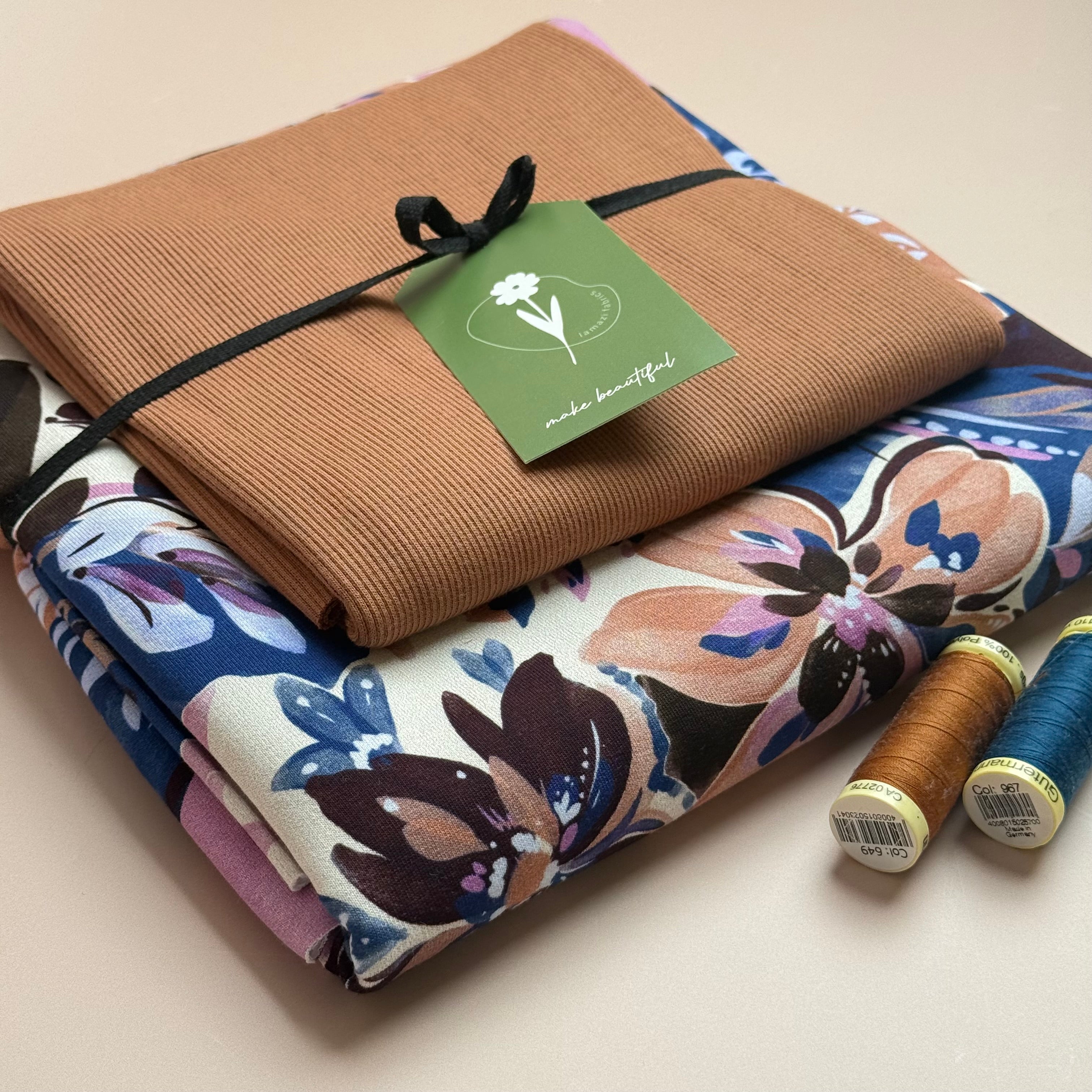 Colour Bundles - Painted Neutral Flowers Cotton French Terry & Matching Ribbing
