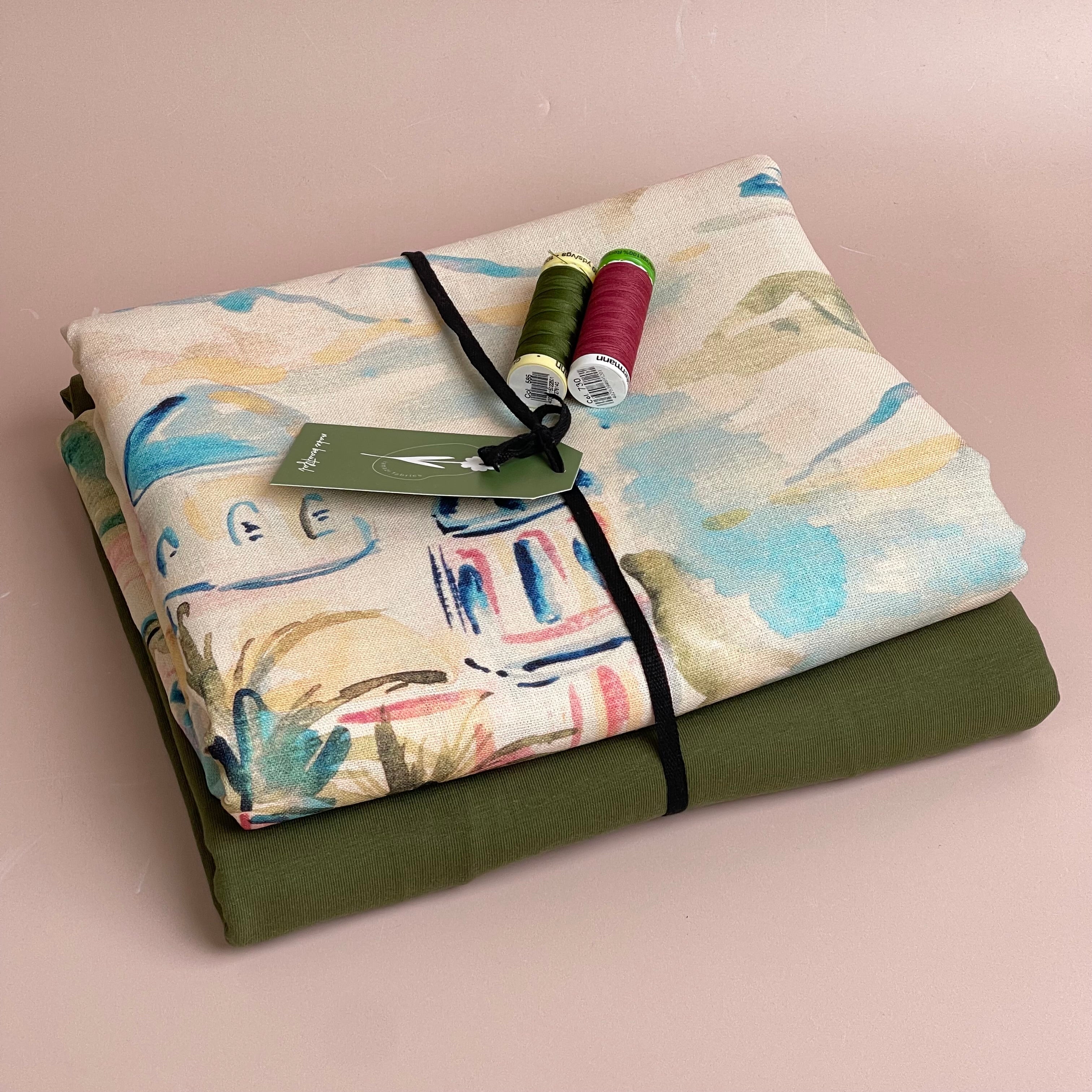 Make an Outfit Colour Bundle - Riviera Landscape Summer Viscose Linen & Khaki Cotton Jersey