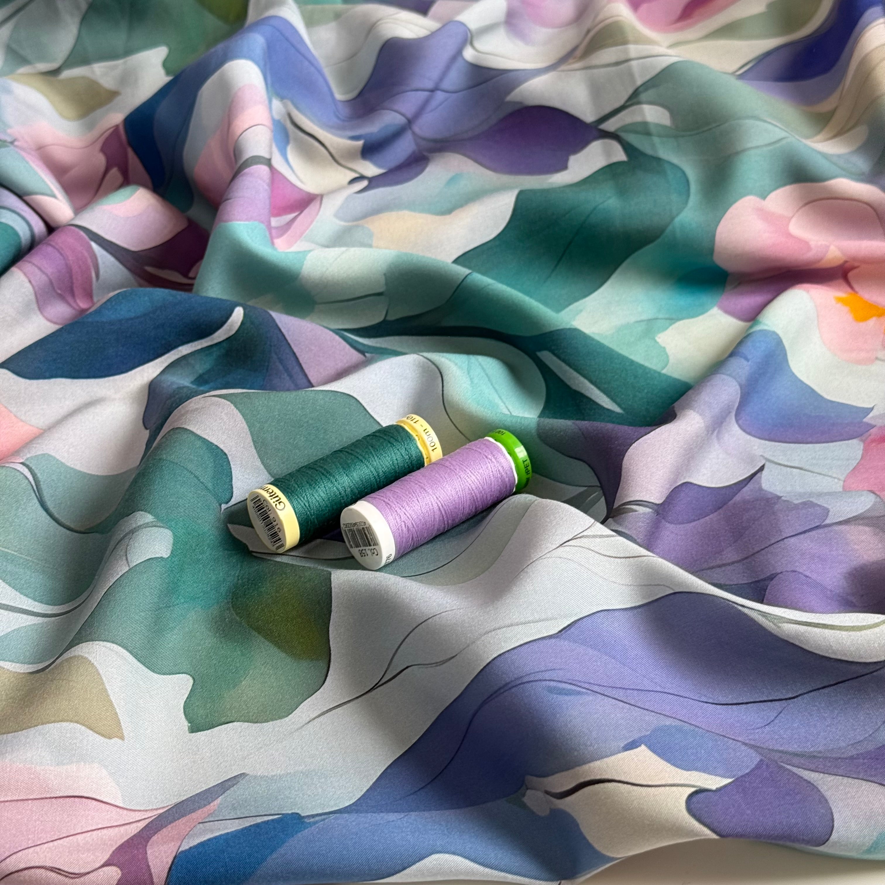 Painted Flowers Petrol Viscose Fabric