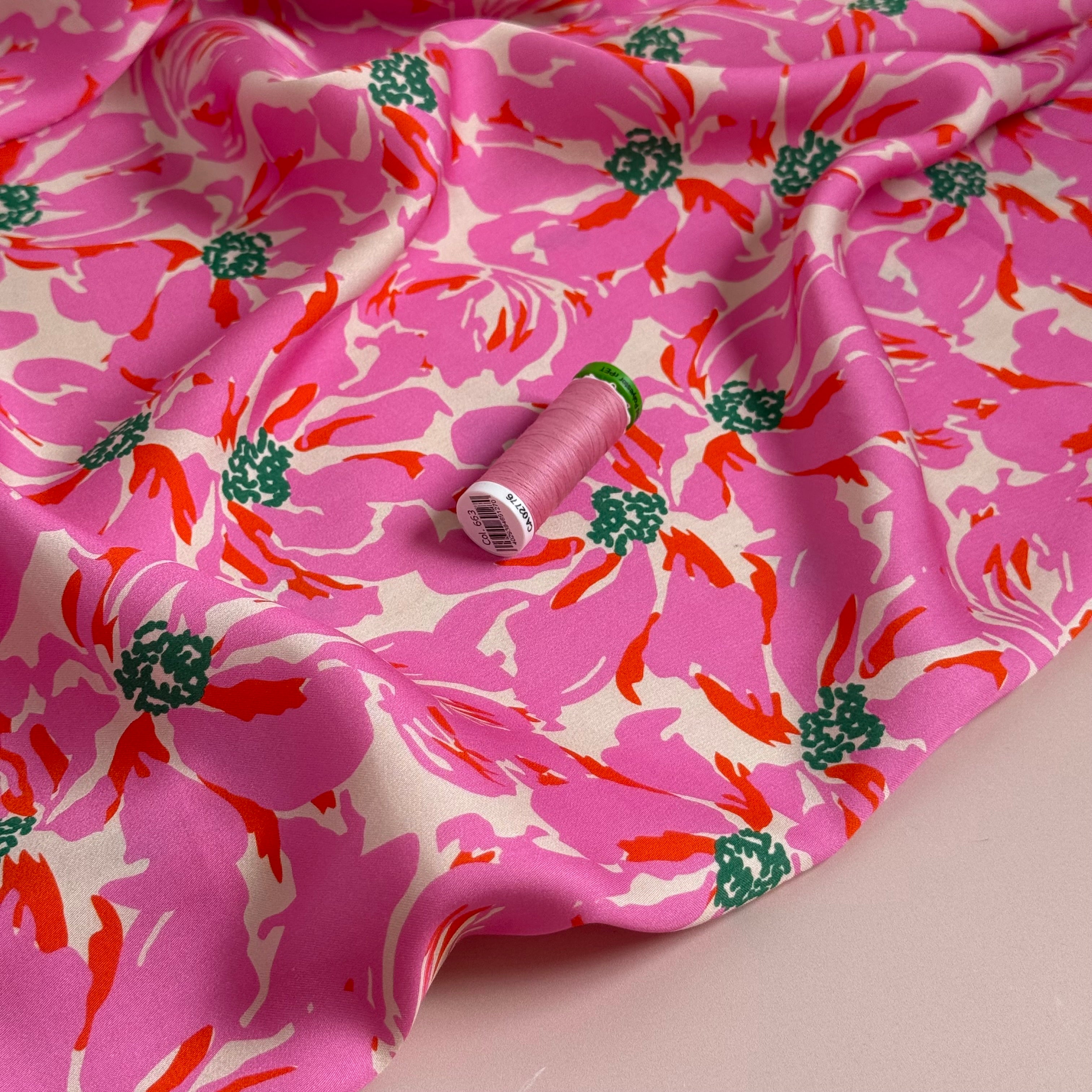Painted Pink Flowers Lyocell Sateen Fabric