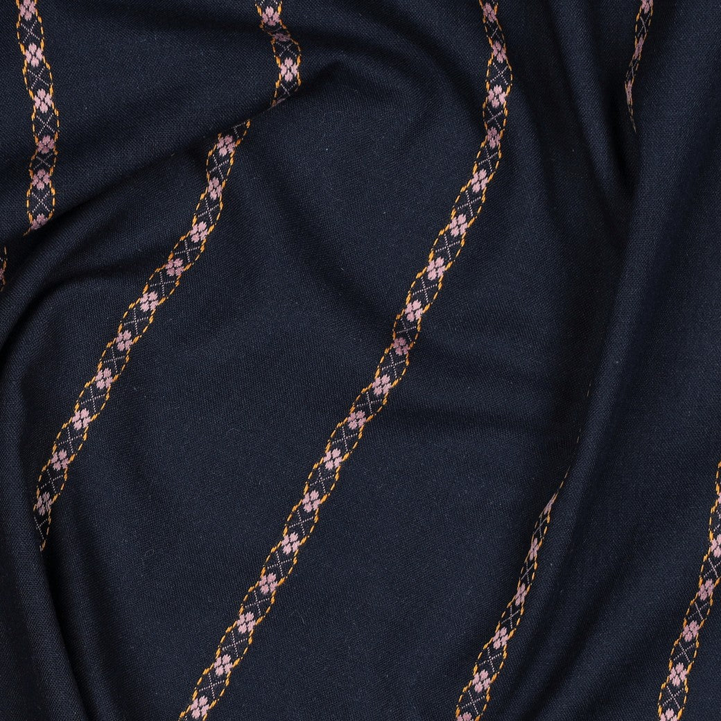 Flower Stripes on Navy Yarn Dyed Cotton Jacquard