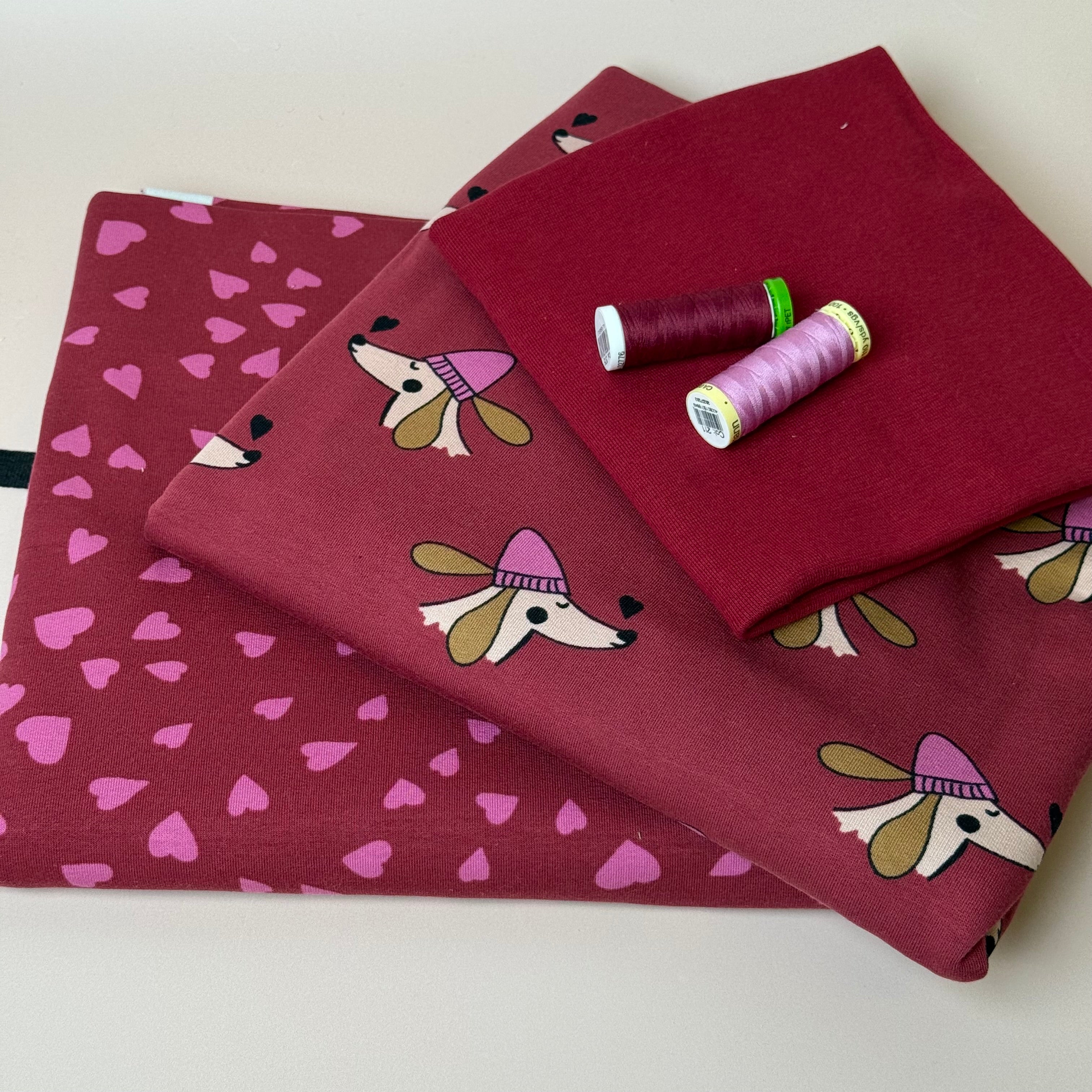Make an Outfit Colour Bundle - Dogs and Heart Berry Cotton Sweat-shirting with Ribbing