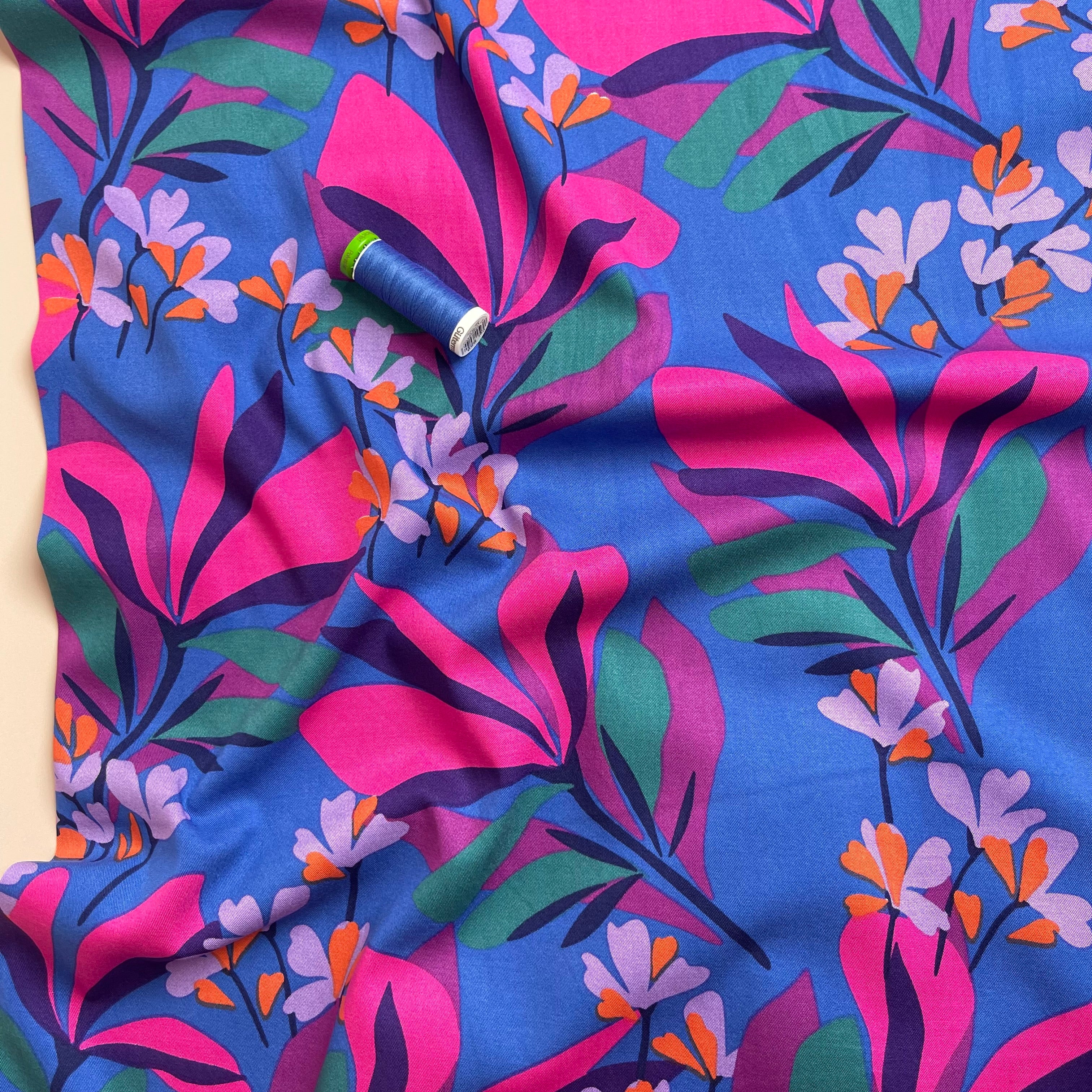 Nerida Hansen - Rosella Spring Garden on Royal Blue Stretch Viscose Twill Fabric