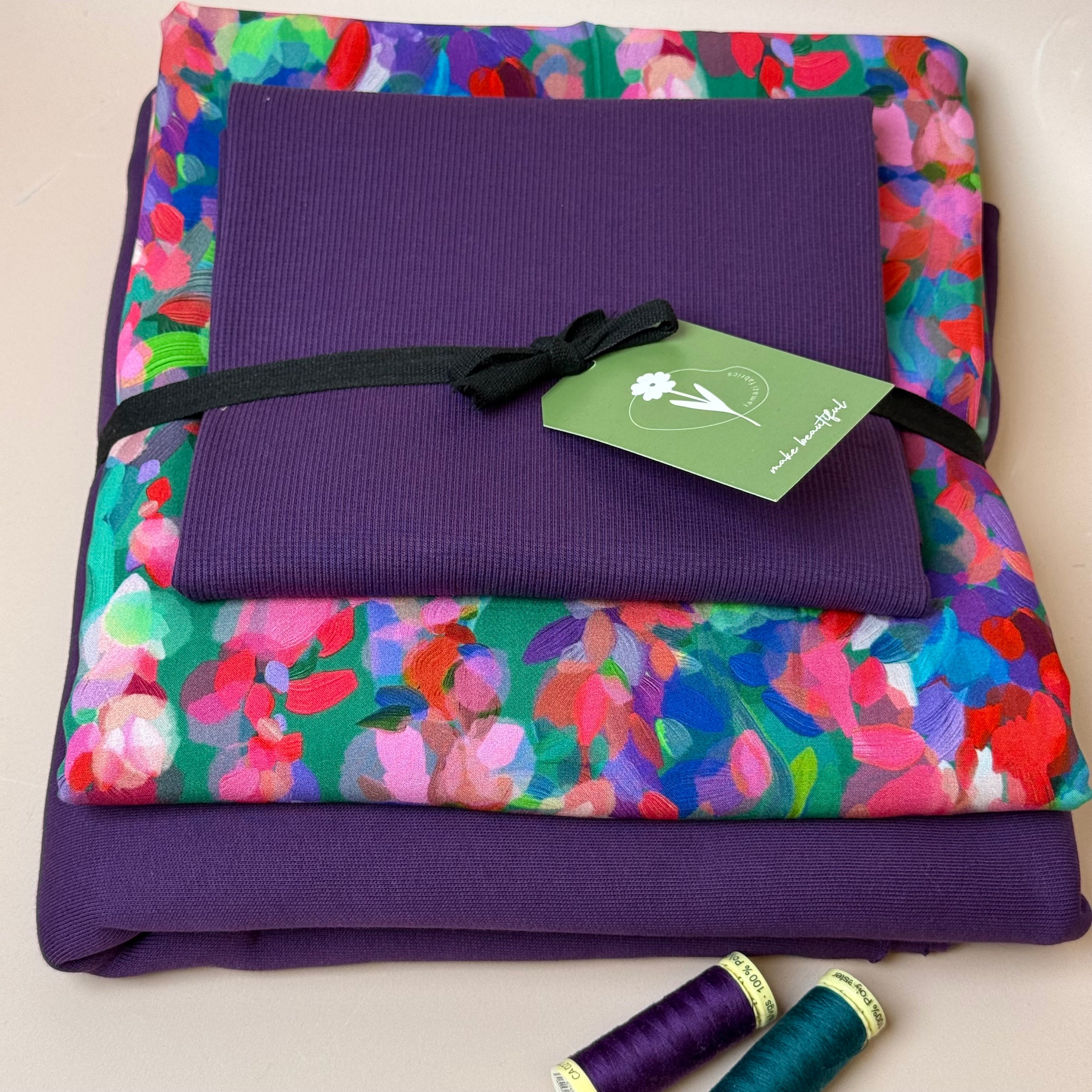 Make an Outfit Colour Bundle - Lupine Petals Viscose & Brushed Sweatshirt in Plum with Ribbing