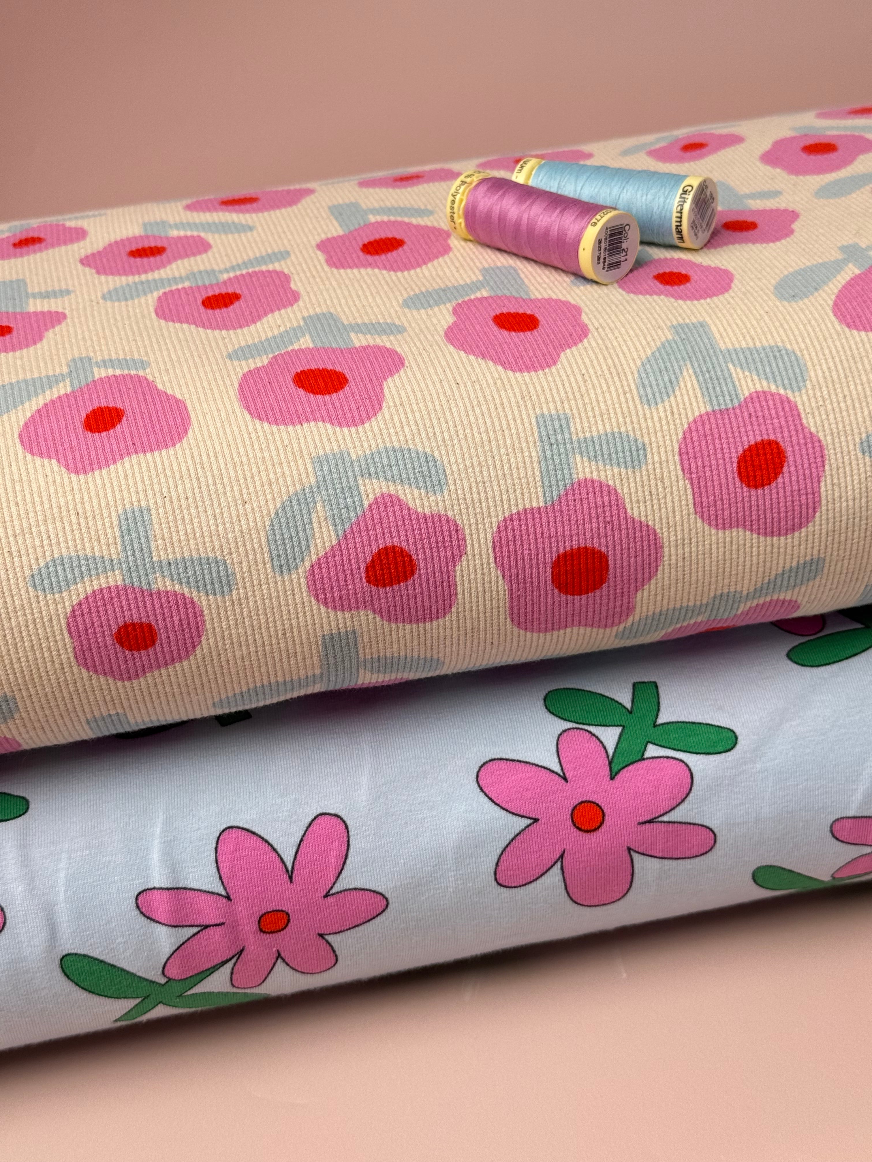 Fun Flowers Blue GOTS Organic Cotton Jersey