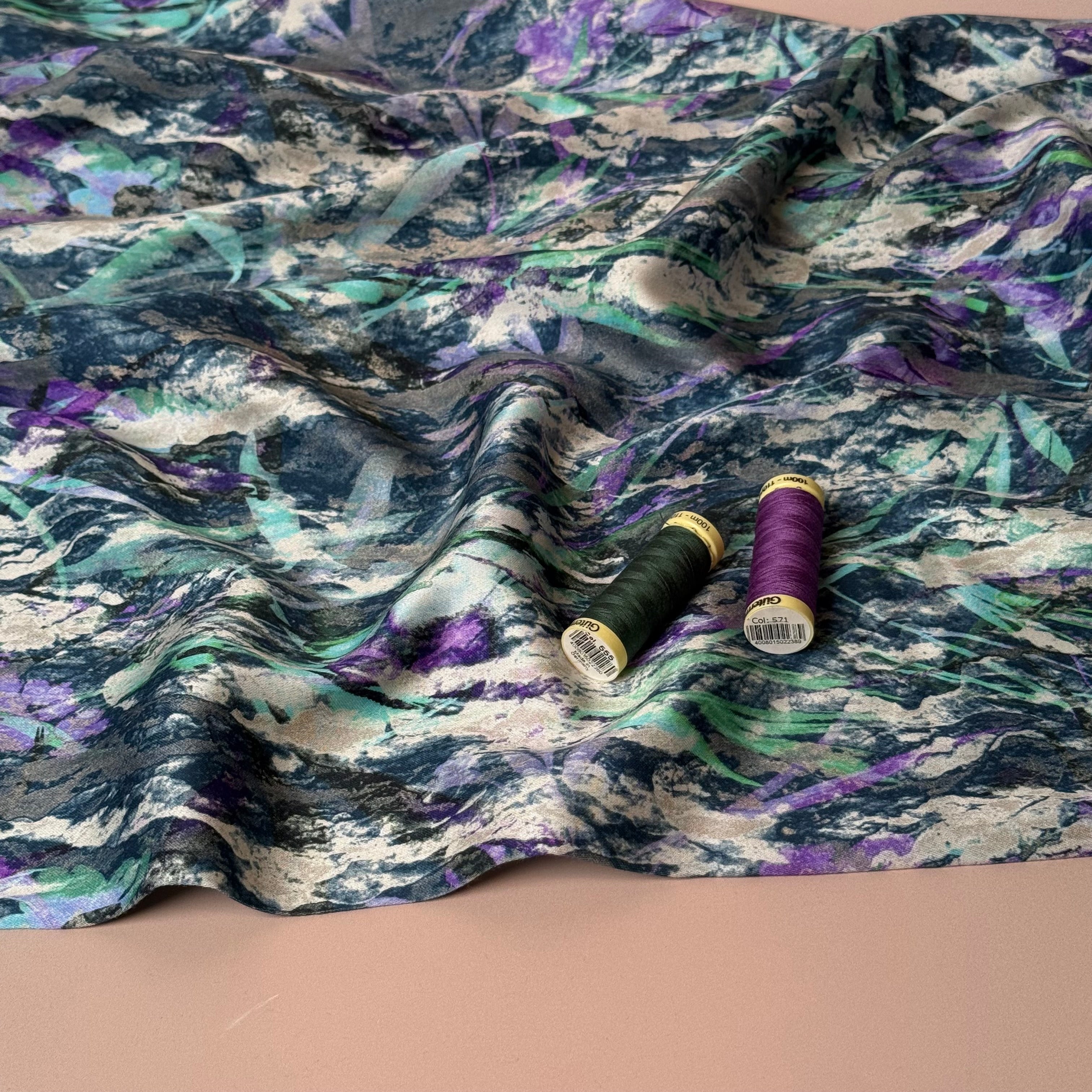 Autumn Foliage River Blue Viscose Sateen Fabric