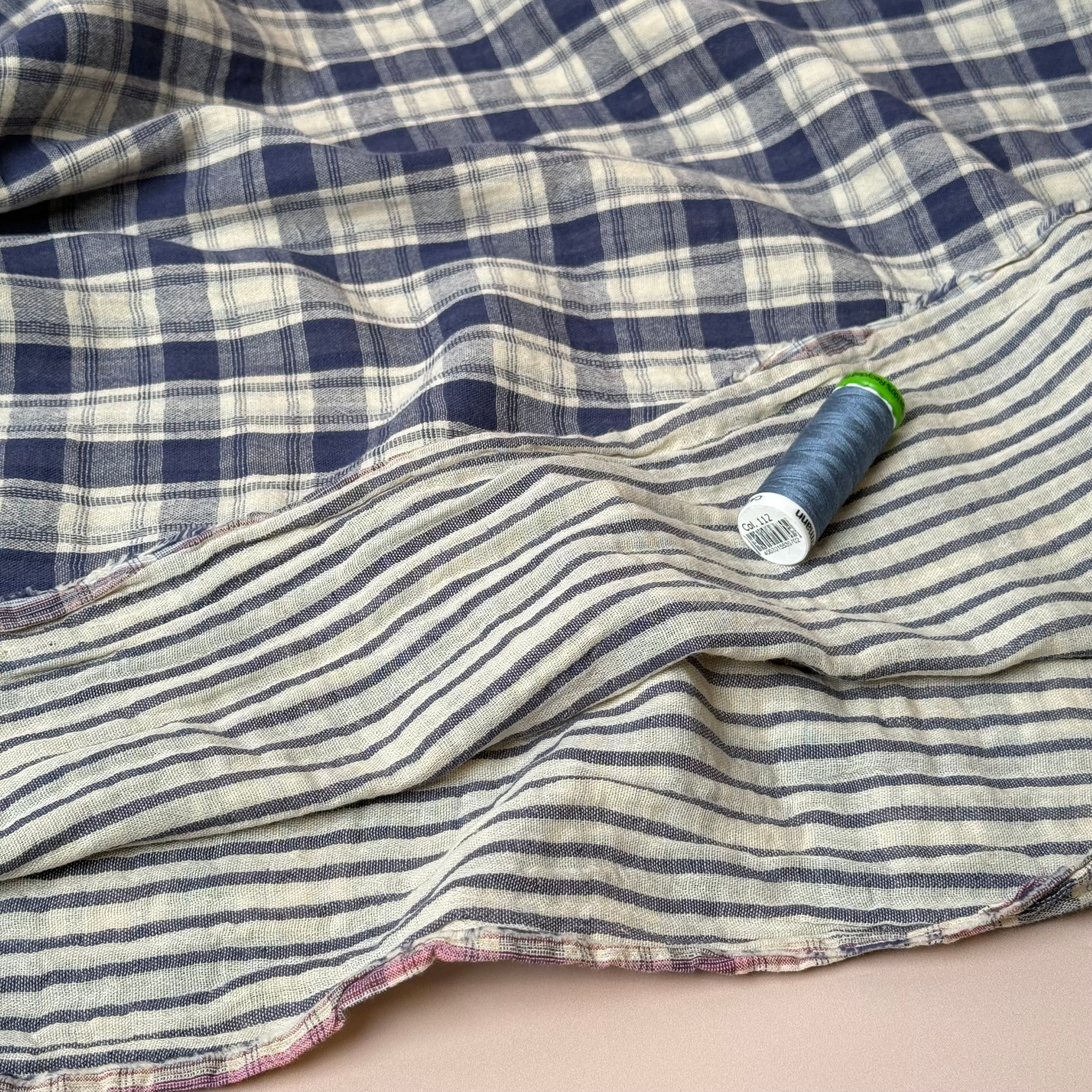 Reversible Blue Checks and Stripes Cotton Double Gauze