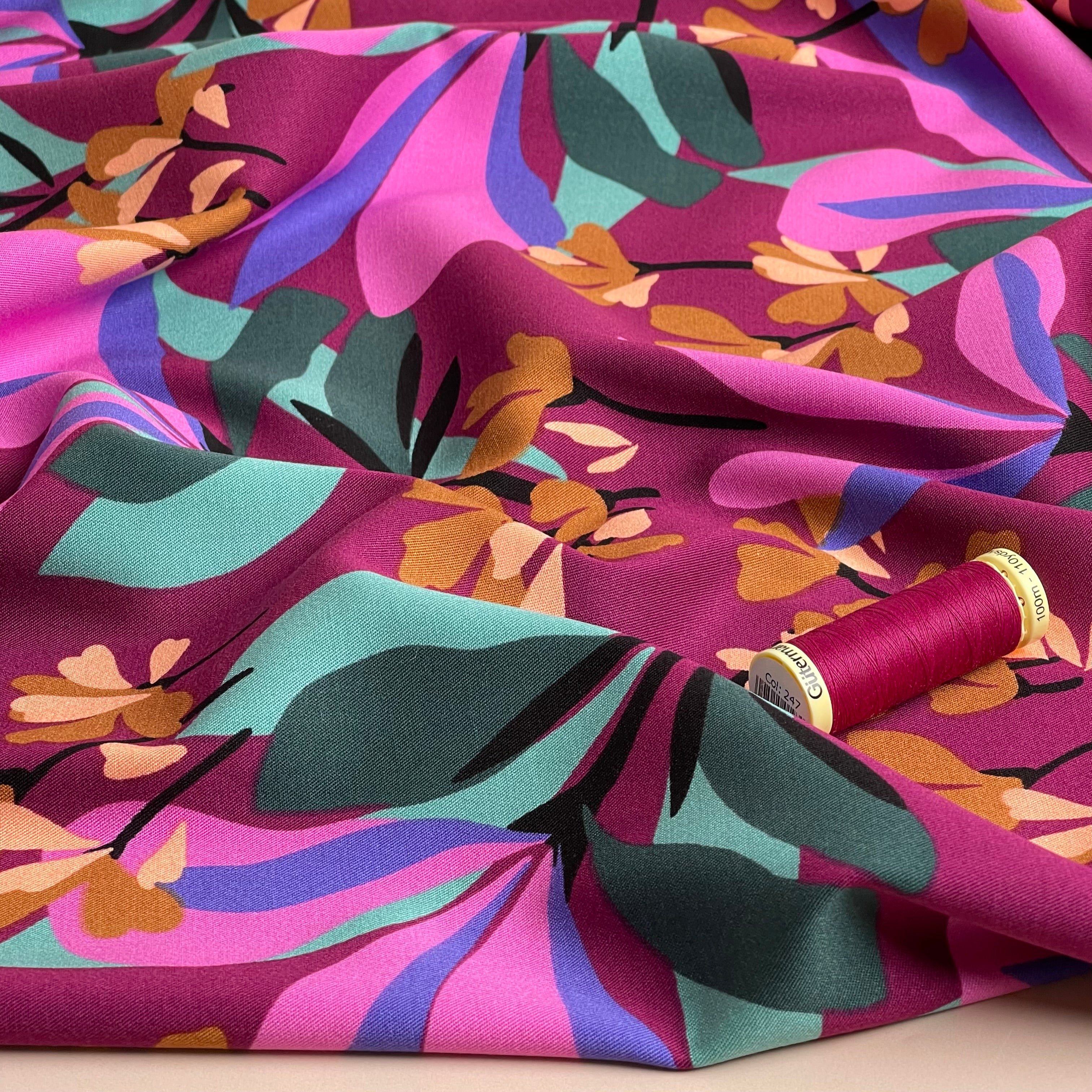 REMNANT 1.66 Metres - Nerida Hansen - Rosella Spring Garden on Plum Stretch Viscose Twill Fabric