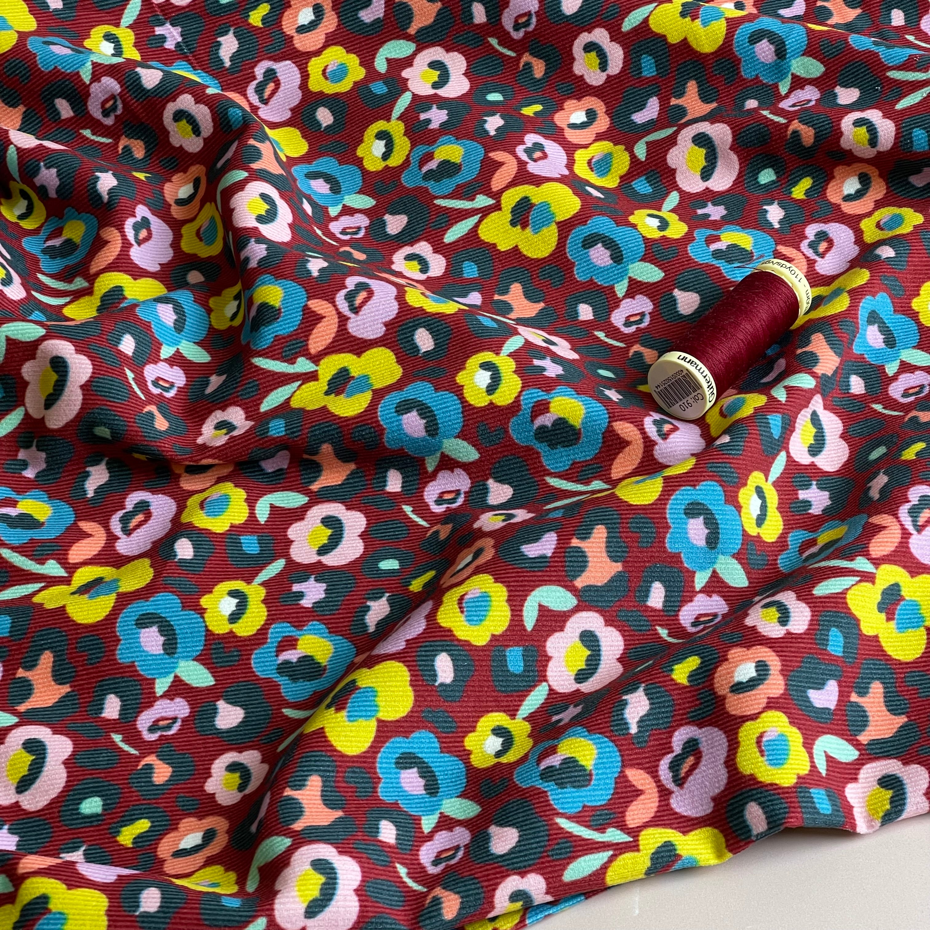 Leopard Flowers Burgundy Cotton Needlecord
