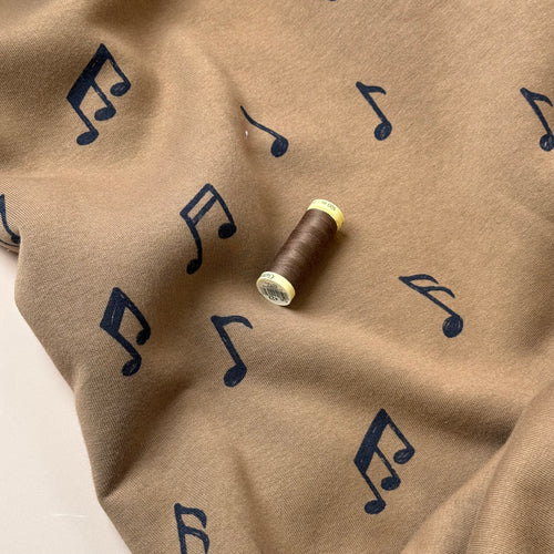 Music Notes in Camel Soft Cotton Jogging Sweat-shirting Fabric