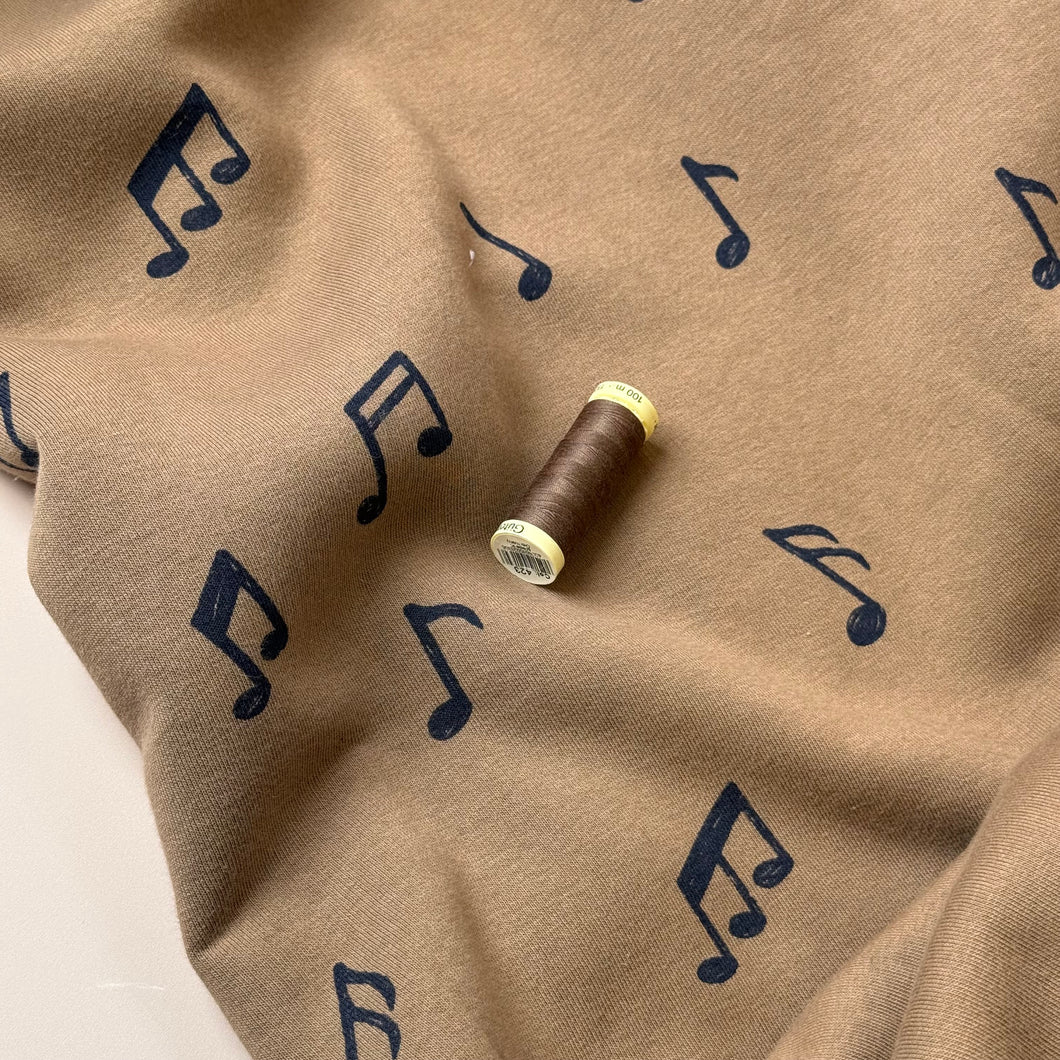 Music Notes in Camel Soft Cotton Jogging Sweat-shirting Fabric