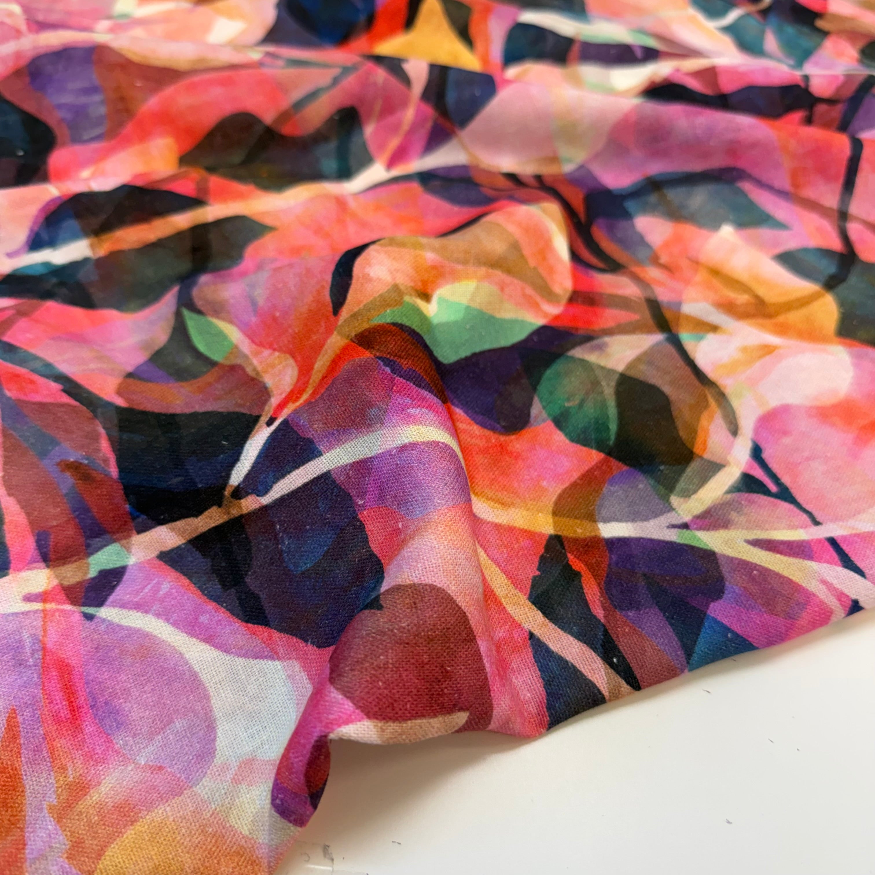 Painted Foliage Coral Pink Linen Viscose Blend Fabric