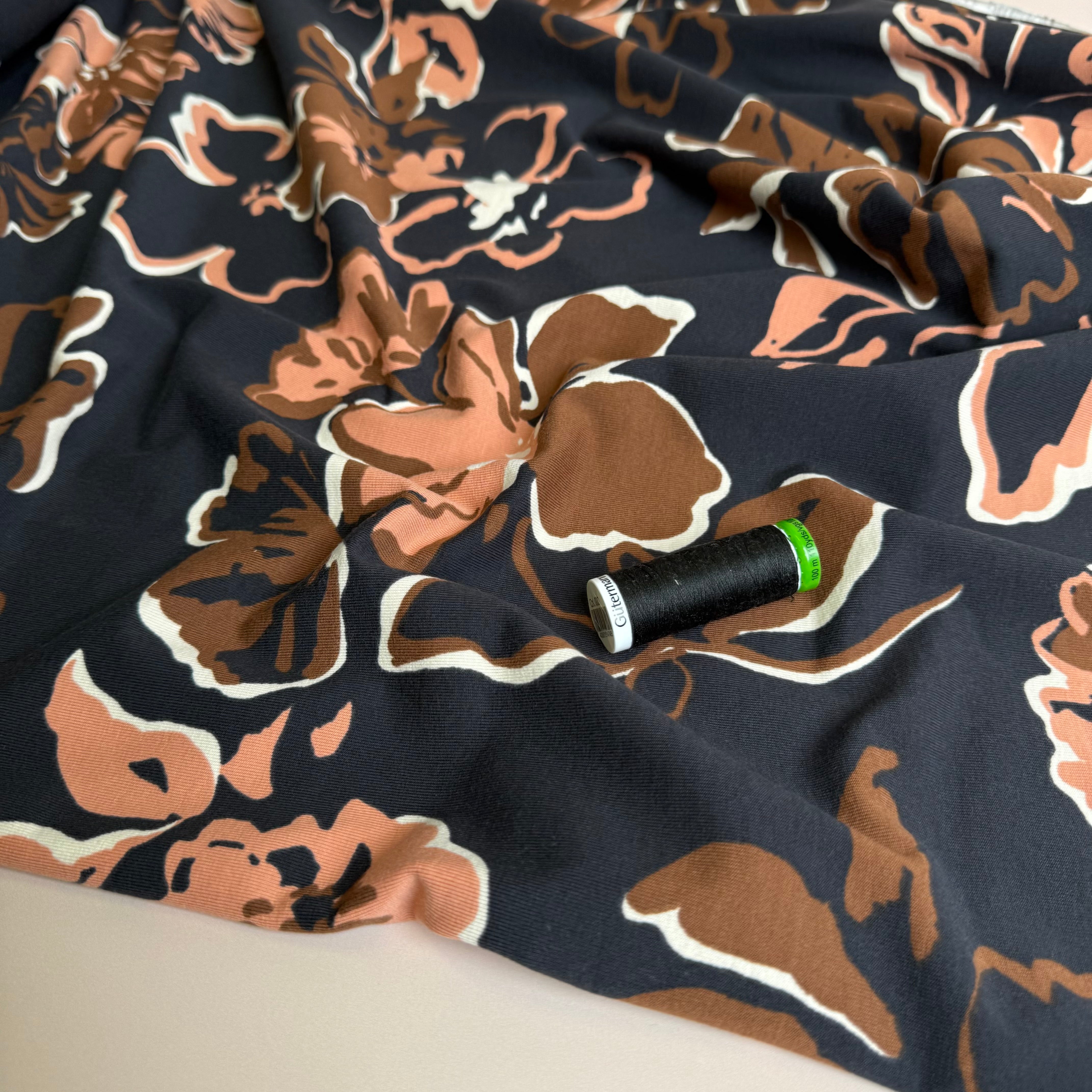 Painted Large Flowers on Black Cotton Jersey Fabric
