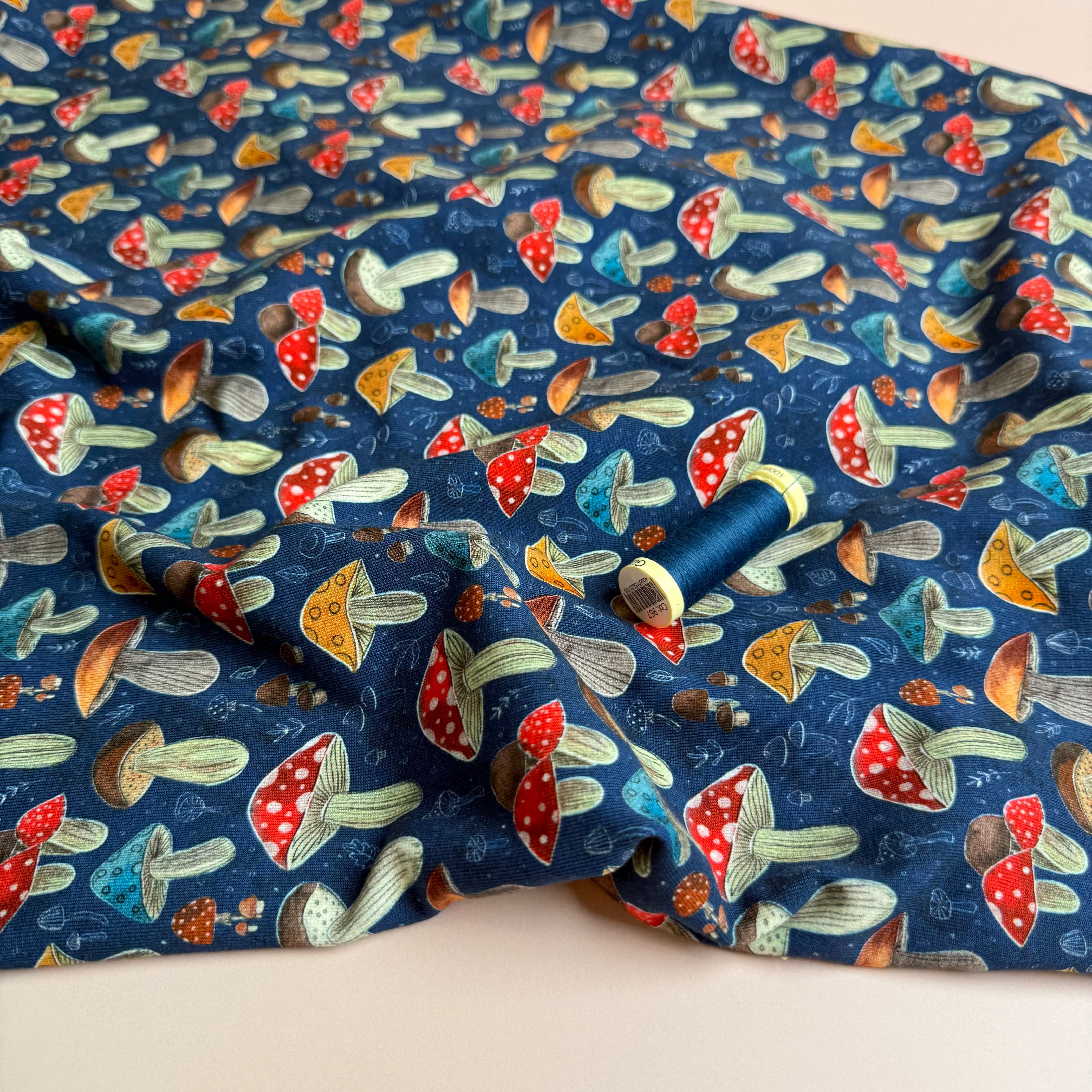 Colourful Mushrooms Blue Cotton Jersey Fabric