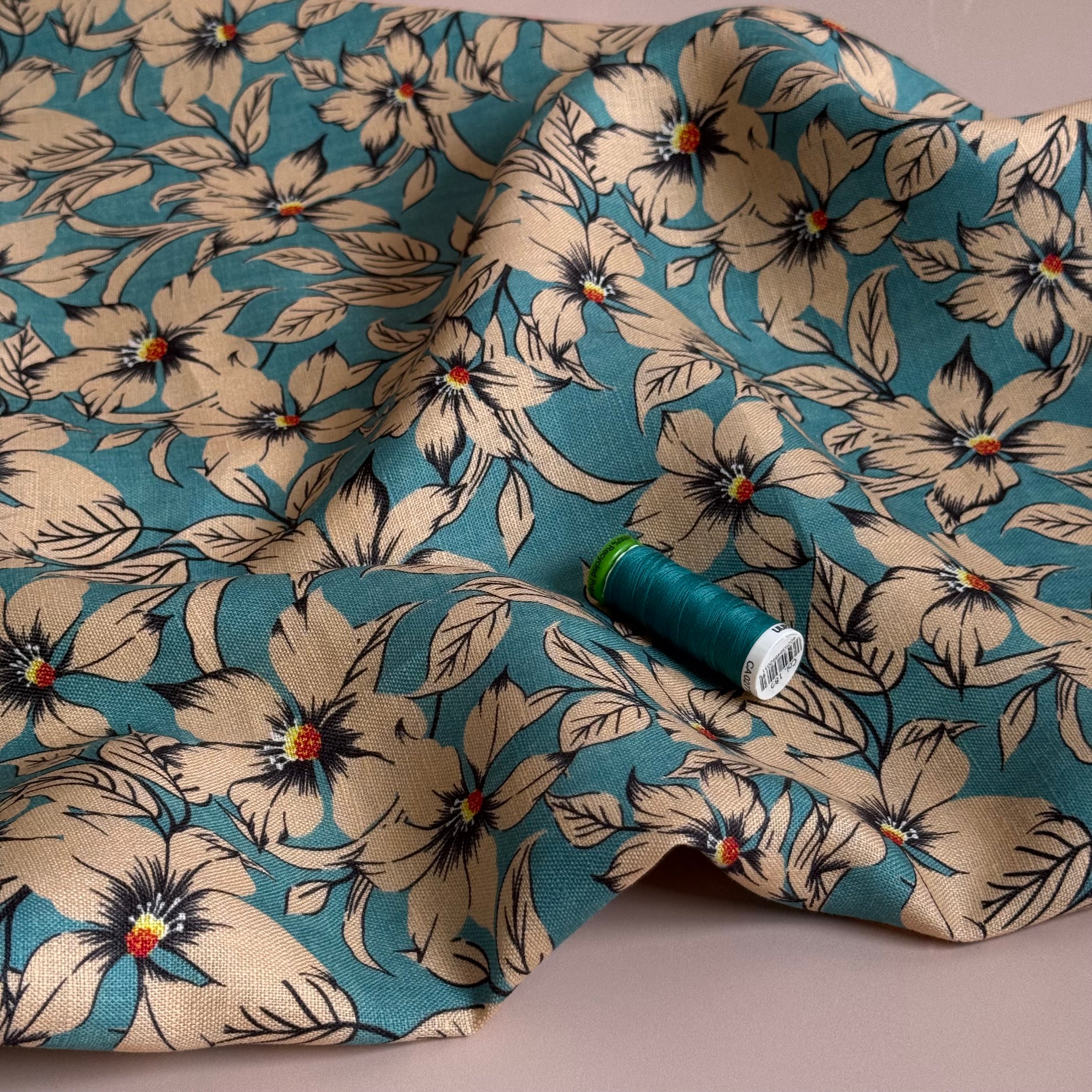 Neutral Blooms on Teal Pure Linen Fabric