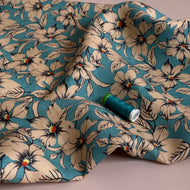 Neutral Blooms on Teal Pure Linen Fabric