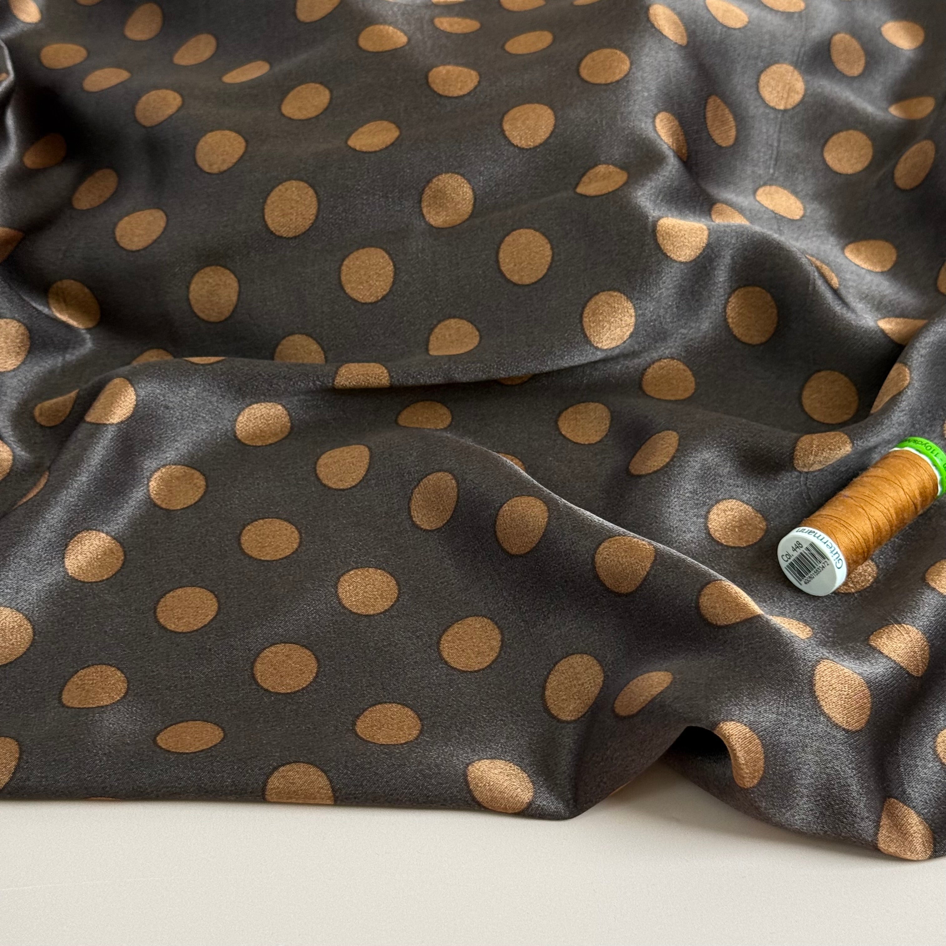Polka Caramel on Brown Spun Viscose Sateen Fabric