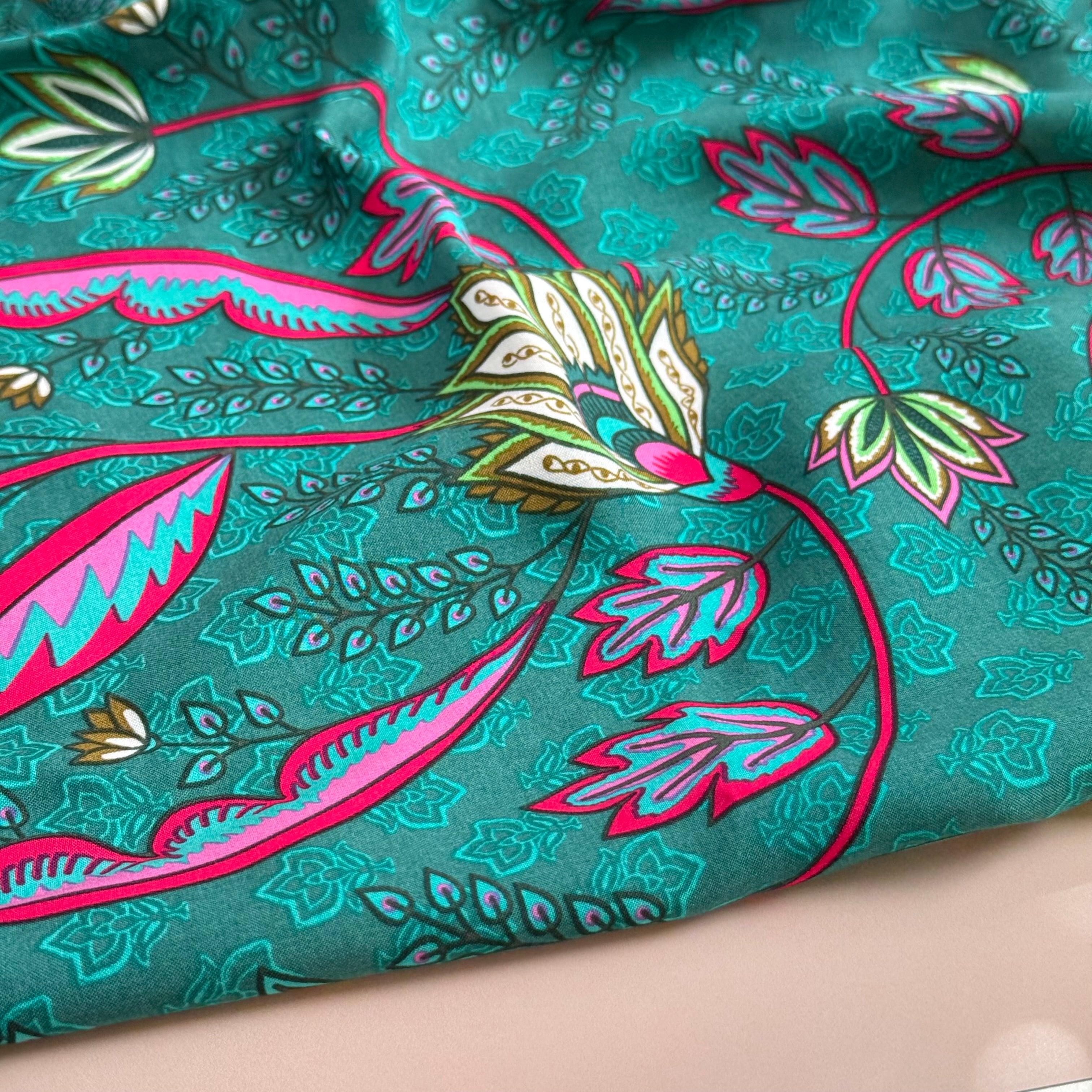Lotus Flowers Teal Viscose Voile Fabric