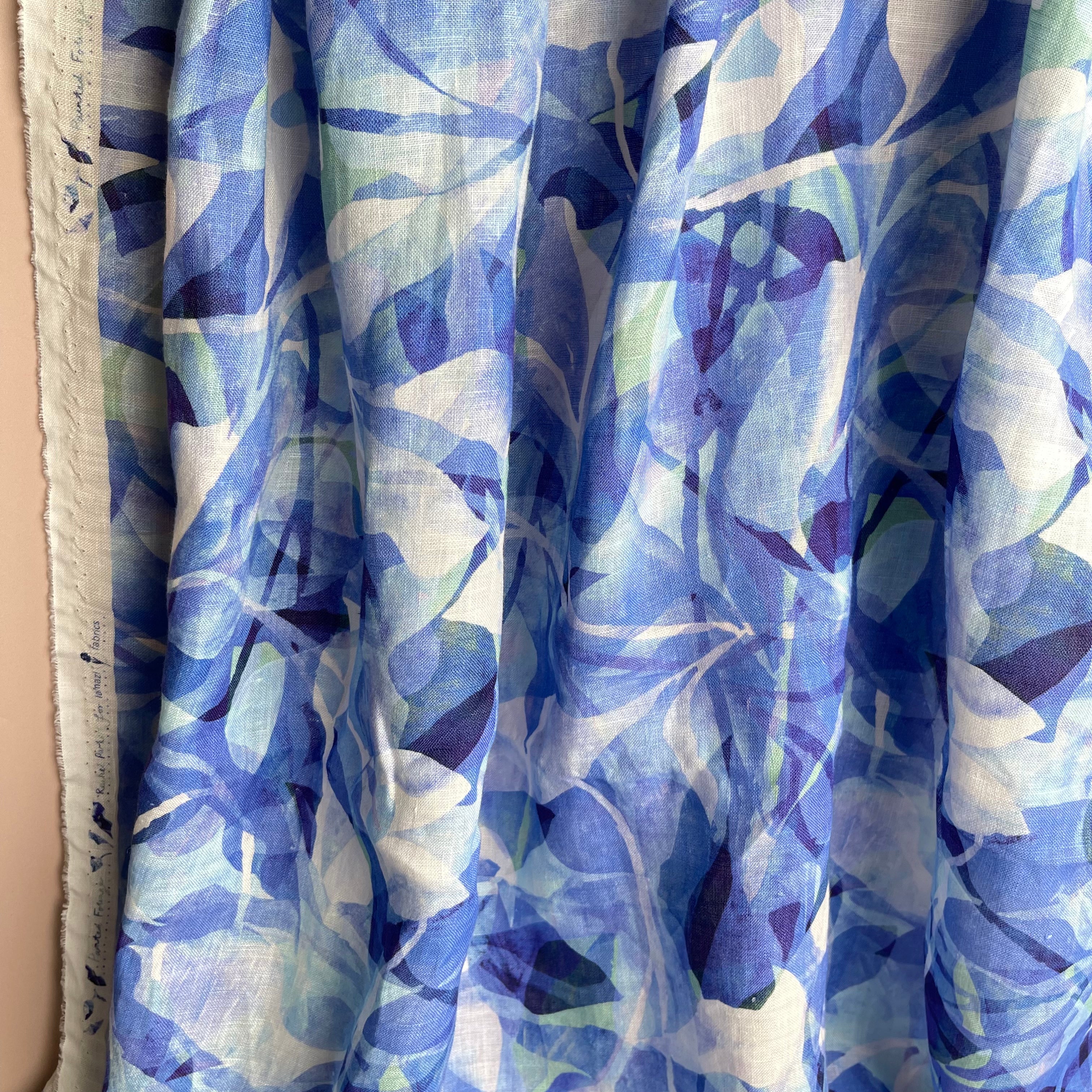 REMNANT 0.69 Metre - Summer Party - Painted Foliage Ocean Pure Linen