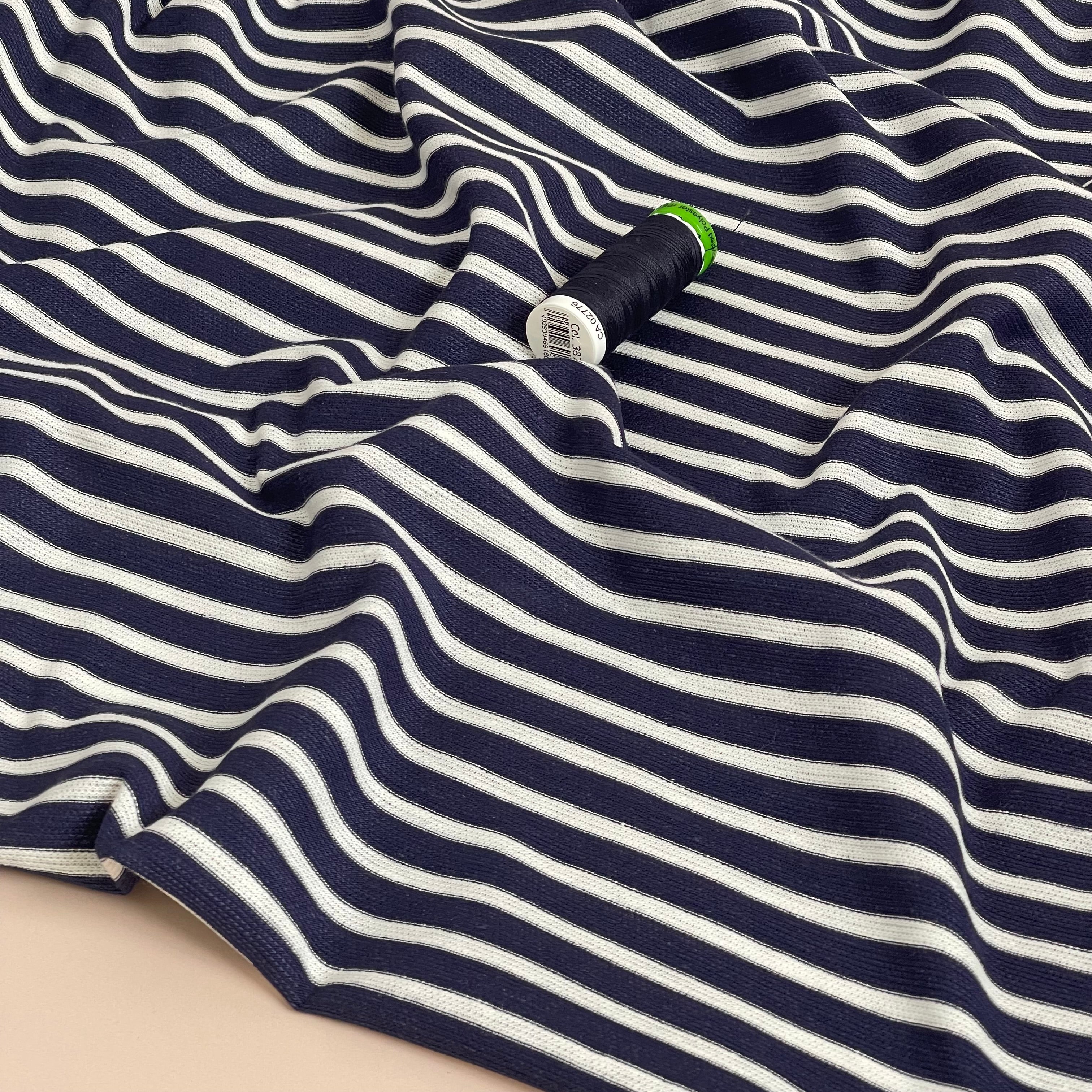 Ex-Designer Deadstock - Italian Linen Cotton blend jersey in Navy & White Stripes