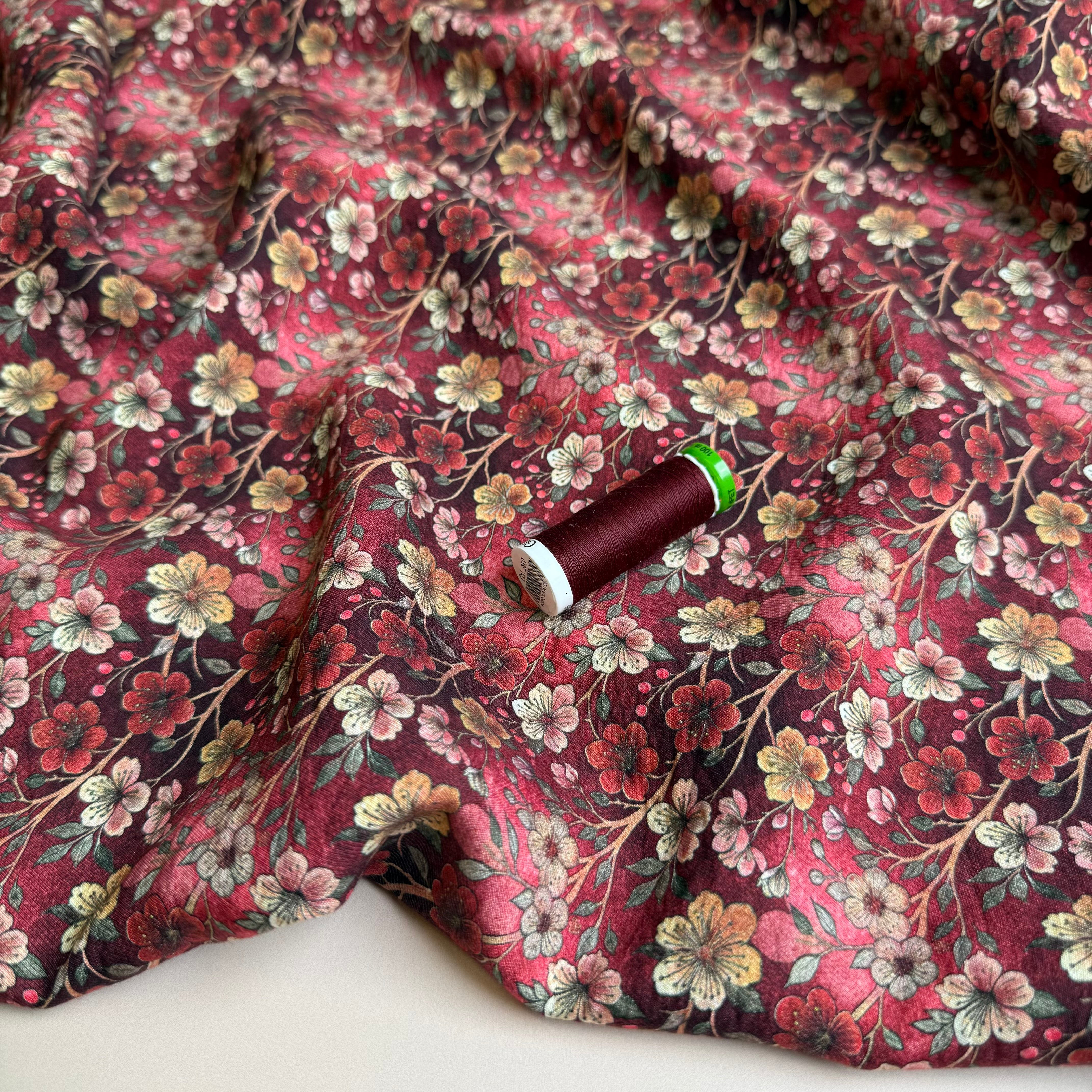 Cherry Blossoms Wine Fine Viscose Twill