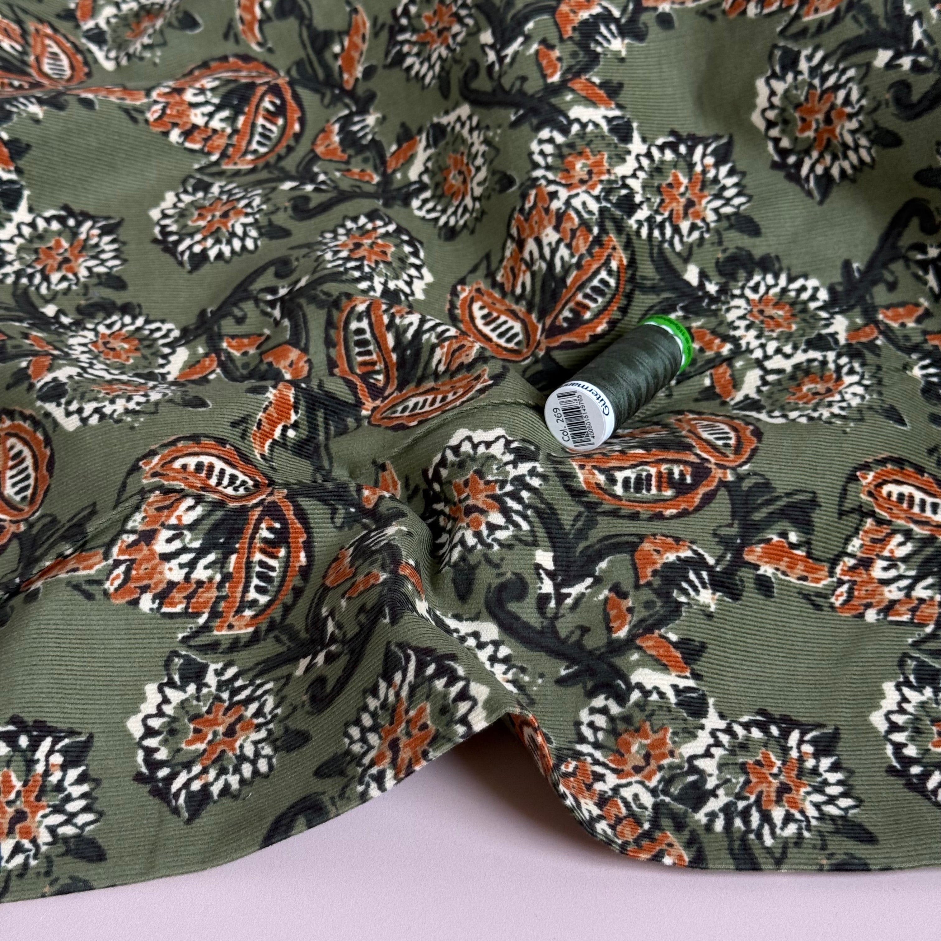 Brown Leaves on Olive Cotton Needlecord