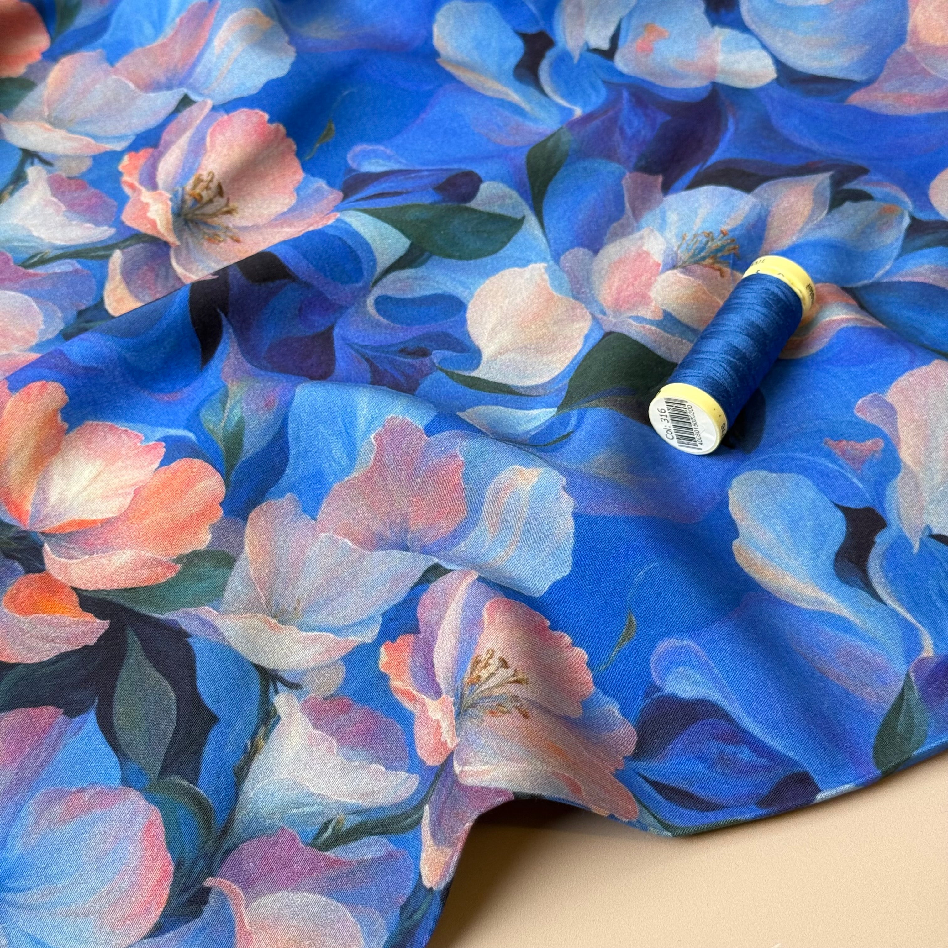 Watercolour Blue Flowers Viscose Twill with Stretch