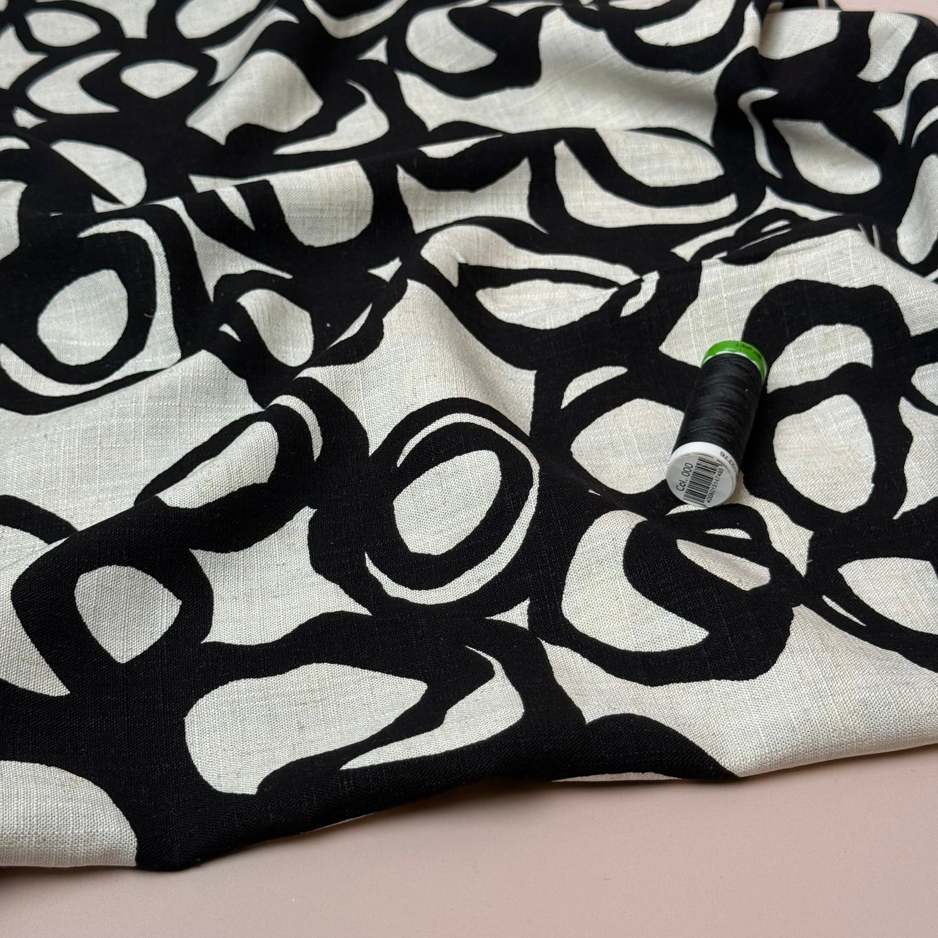 Swirls Black on Neutral Viscose Linen Fabric