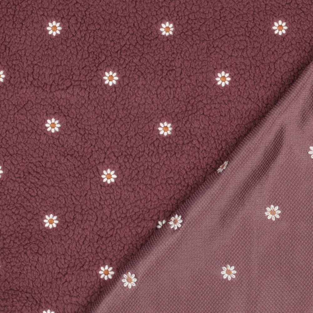 Embroidered Daisies on Rosewood Teddy Fabric