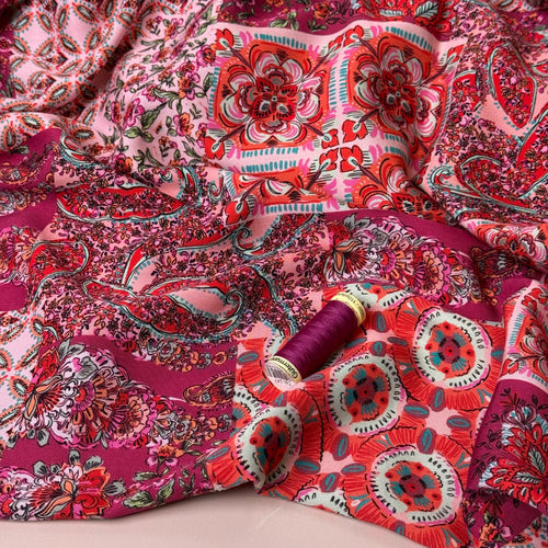 Vintage Patchwork Berry Viscose Twill Fabric
