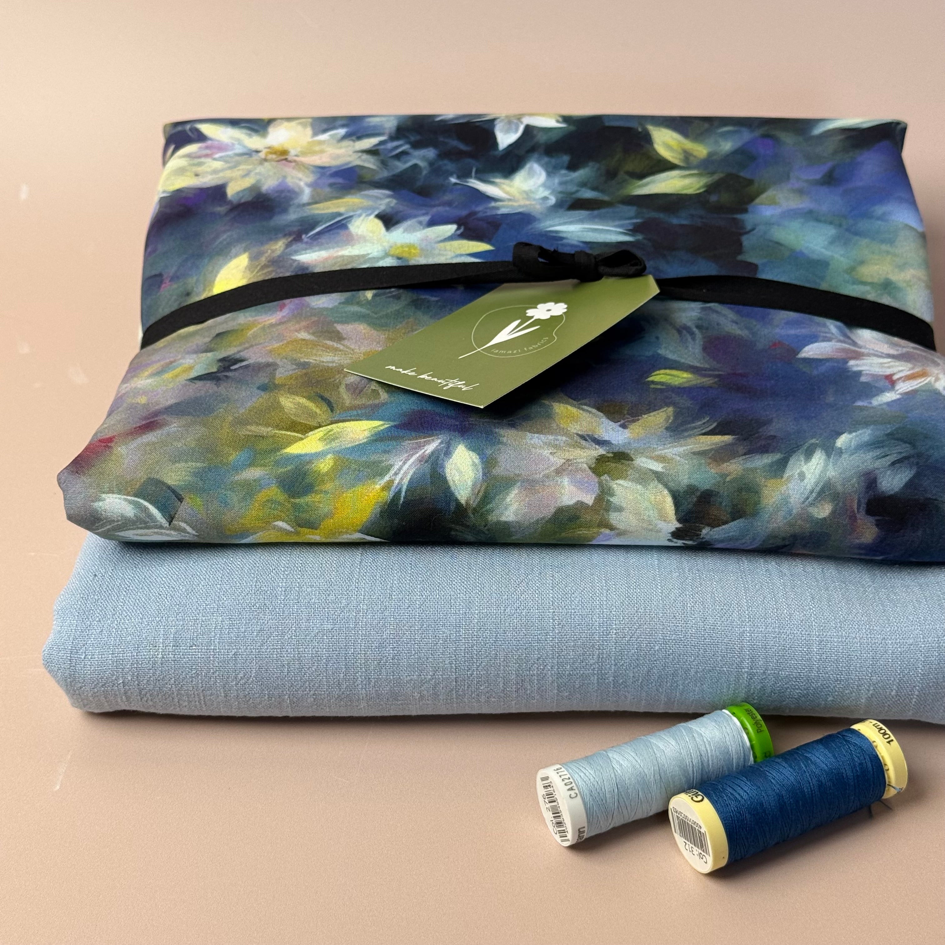 Make an Outfit Colour Bundle - Watercolour Flowers Viscose with Blue Flow Linen Blend