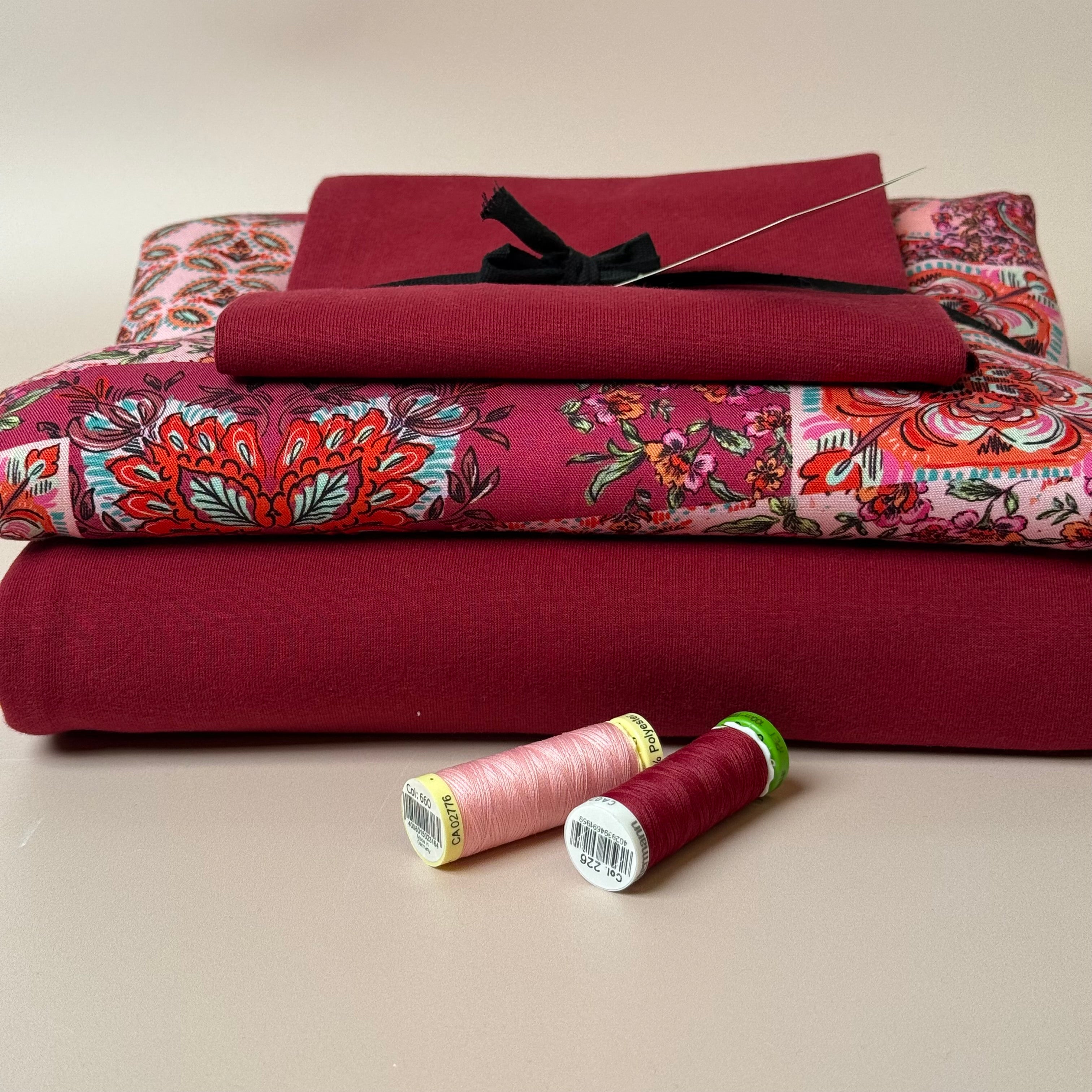 Make an Outfit Colour Bundle - Vintage Patchwork Viscose Twill in Berry & Sweatshirting with ribbing