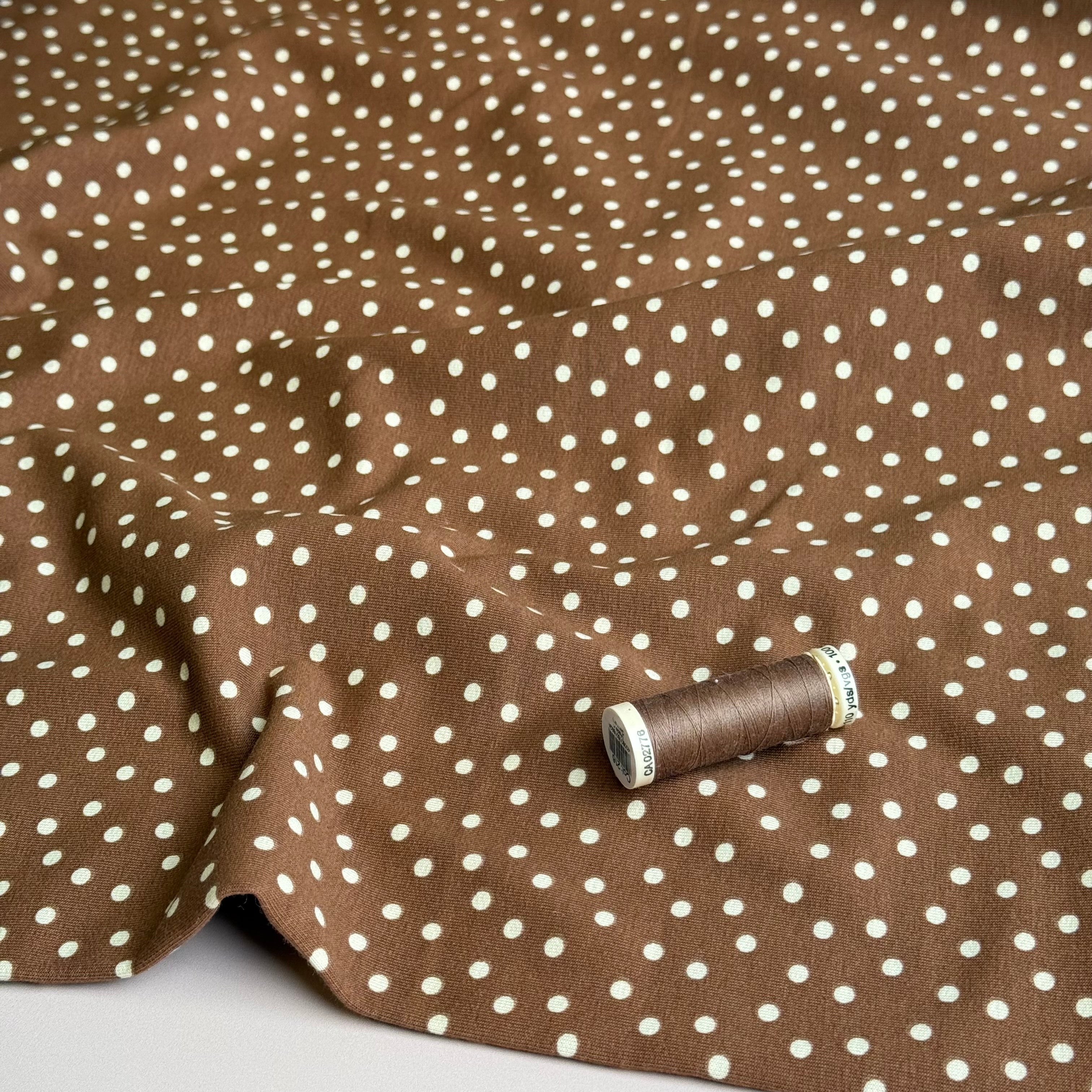 Polka Dots on Caramel Soft Cotton Sweat-shirting Fabric