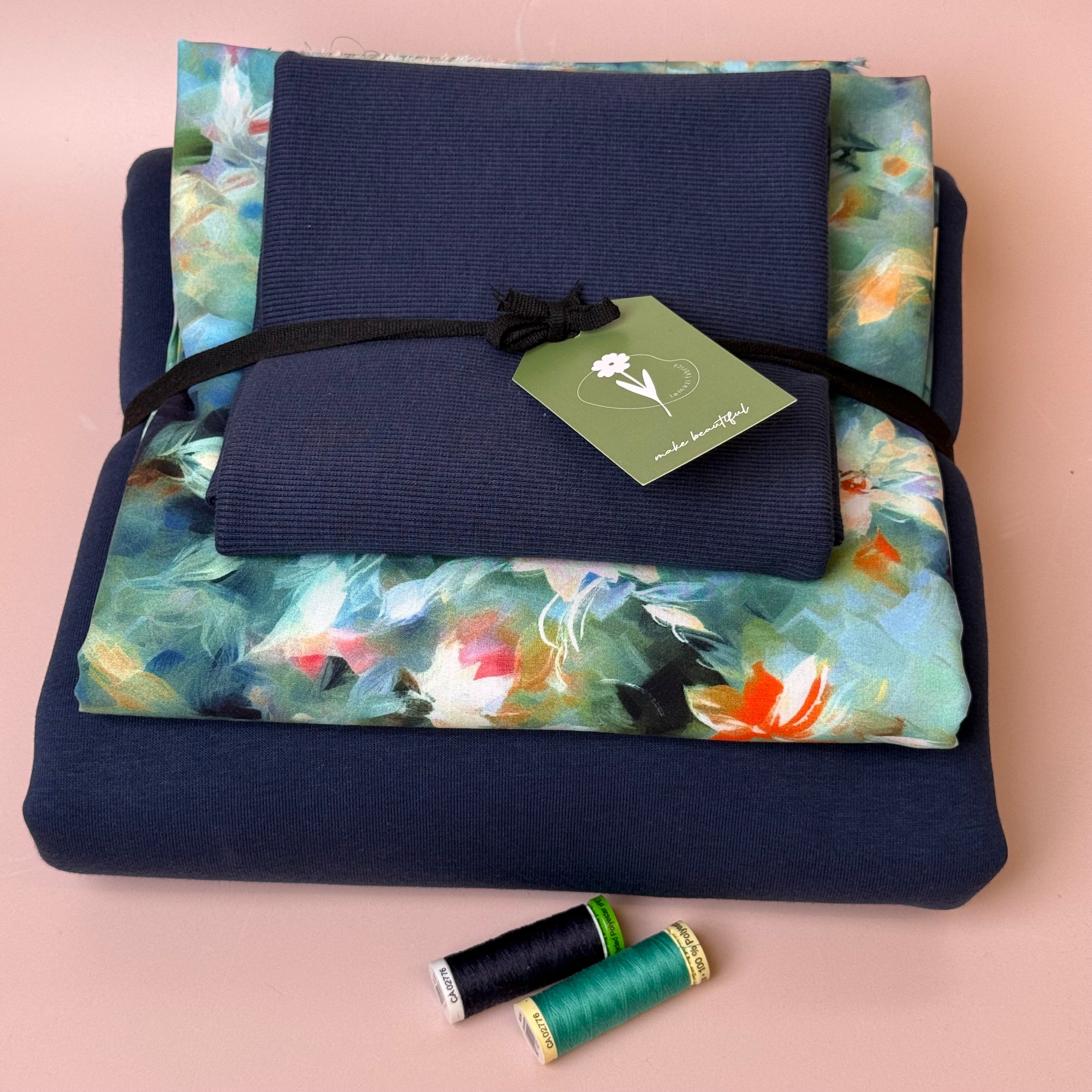 Make an Outfit Colour Bundle - Watercolour Florals Viscose & Sweatshirting in Navy with Ribbing