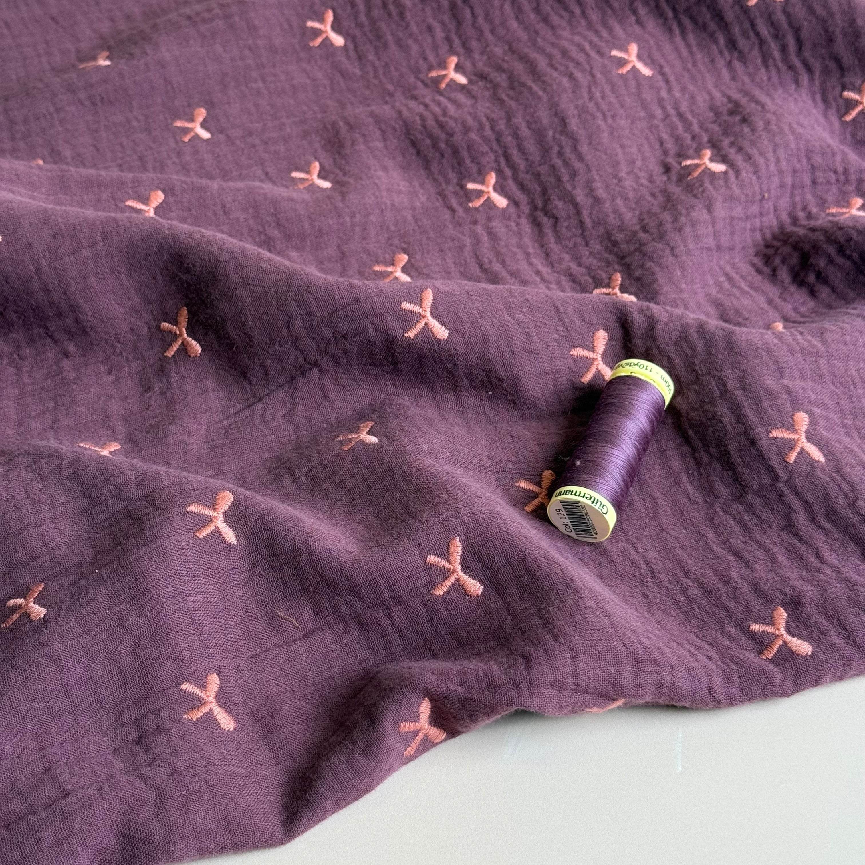 Embroidered Pink Bows on Burgundy Cotton Double Gauze