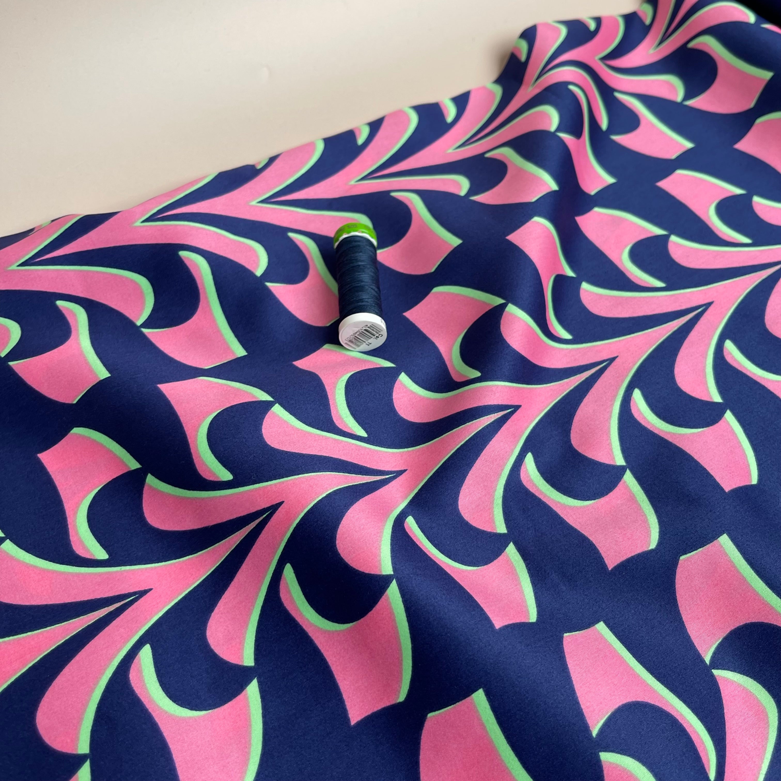 Abstract Navy and Pink Cotton Sateen Fabric