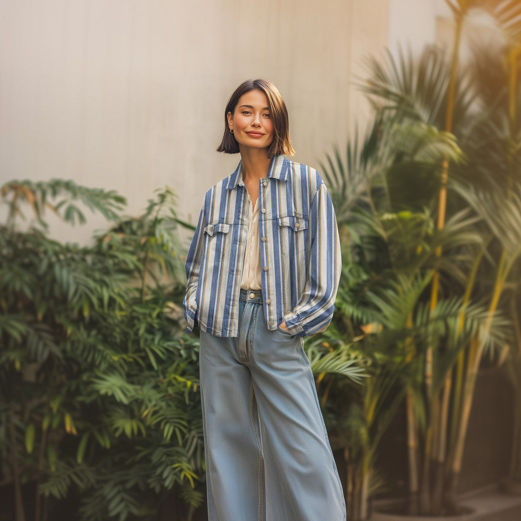 Yarn Dyed Striped Cotton Denim in Pink & Blue