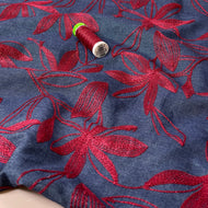 Denim with Burgundy Embroidered Flowers Cotton Fabric