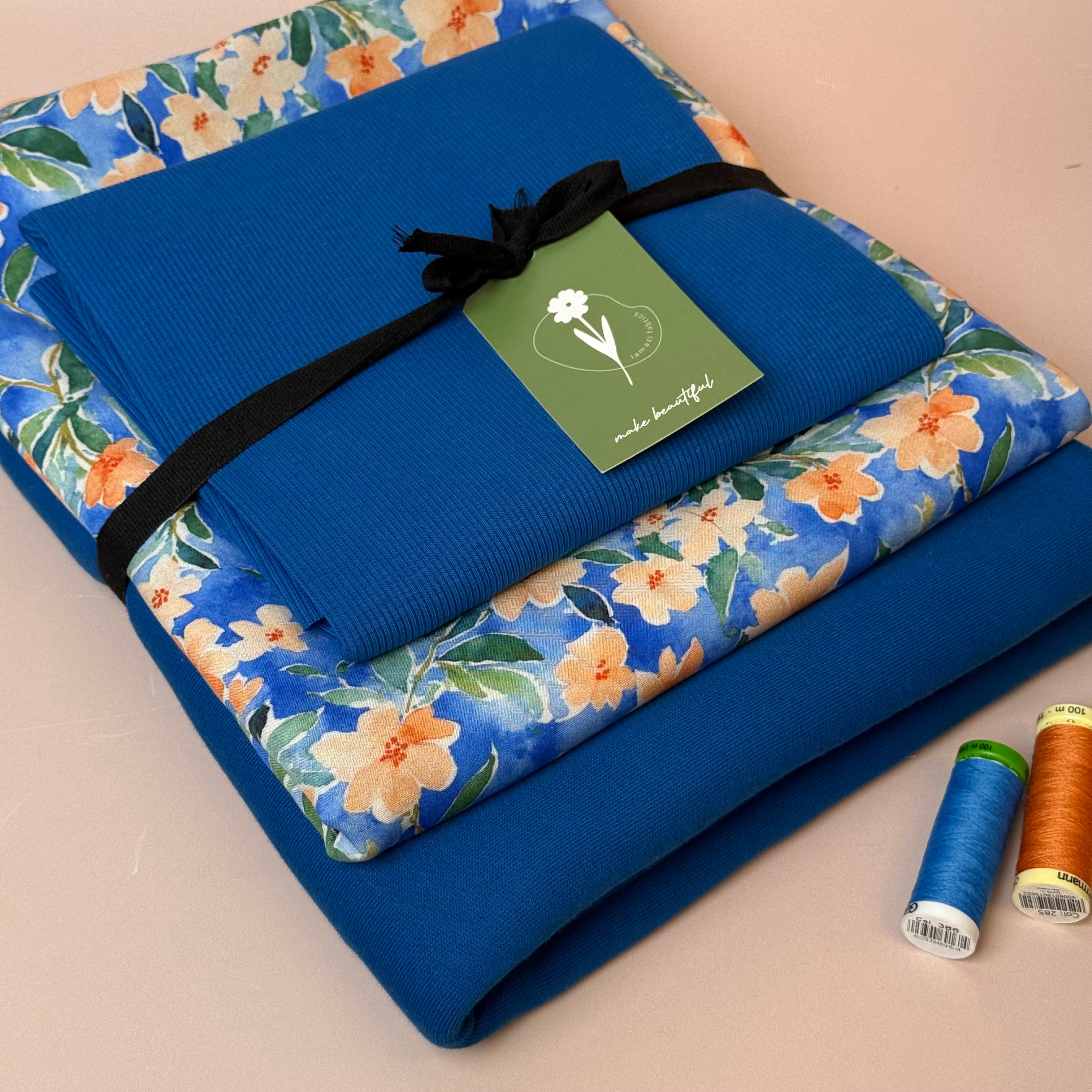 Make an Outfit Colour Bundle - Peach Flowers Viscose & Brushed Sweatshirt in Intense Blue with Ribbing