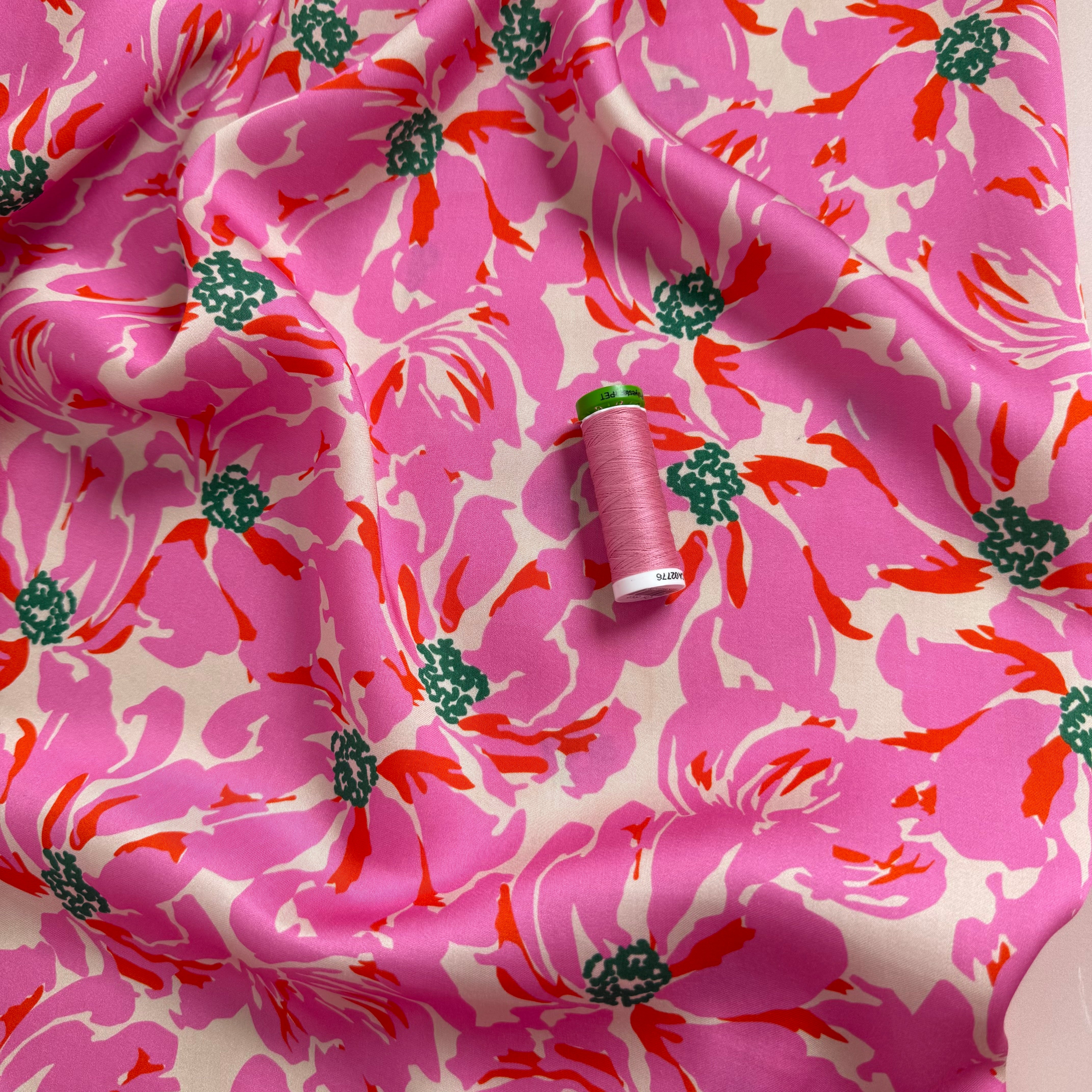 Painted Pink Flowers Lyocell Sateen Fabric