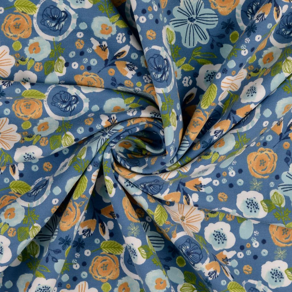 REMNANT 1.26 Metres - Floral Sketch Peach Soft Cotton Sweat-shirting Fabric in Blue